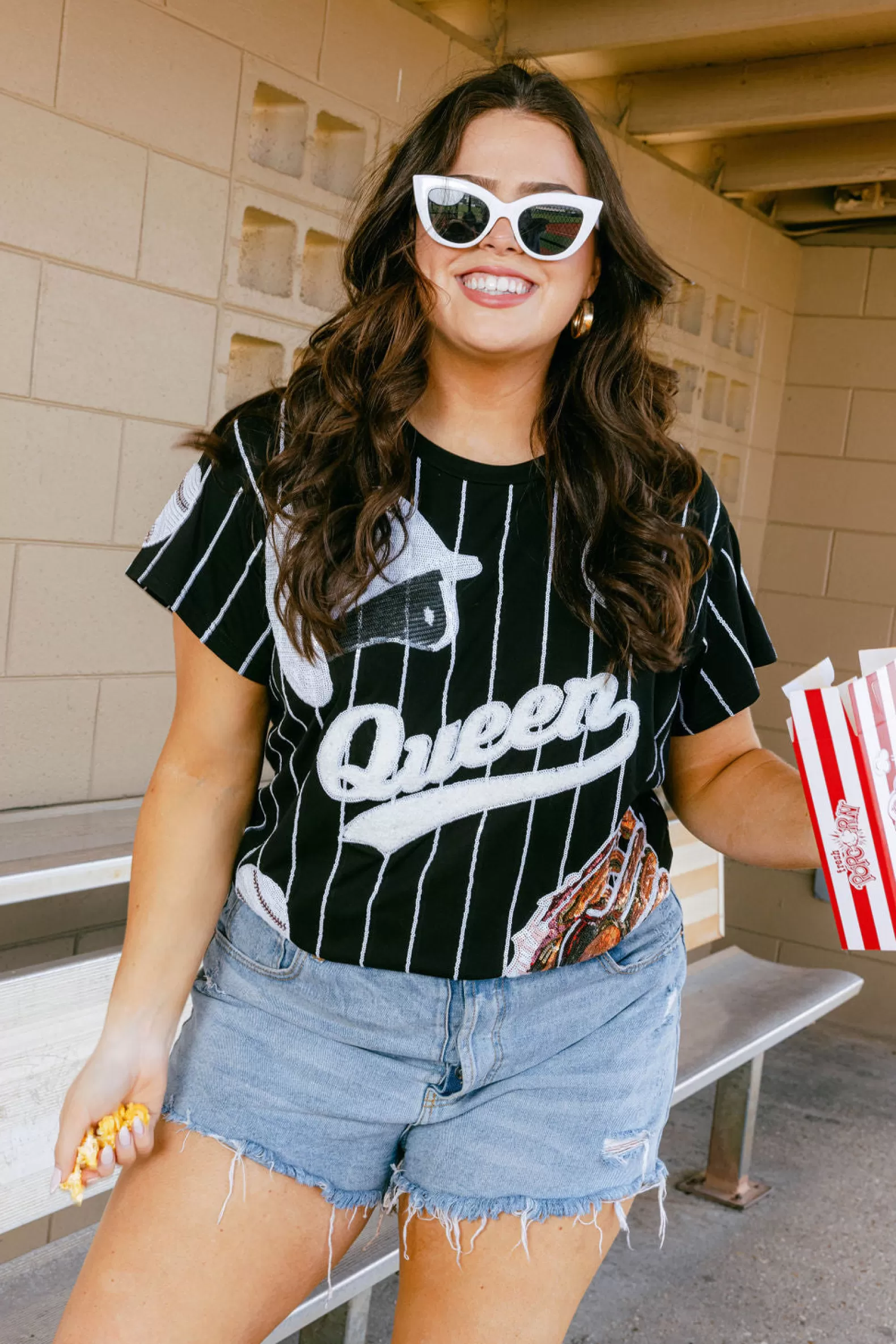 Queen of Sparkles Tees | Our Favorites<& White Batter Up Tee Black