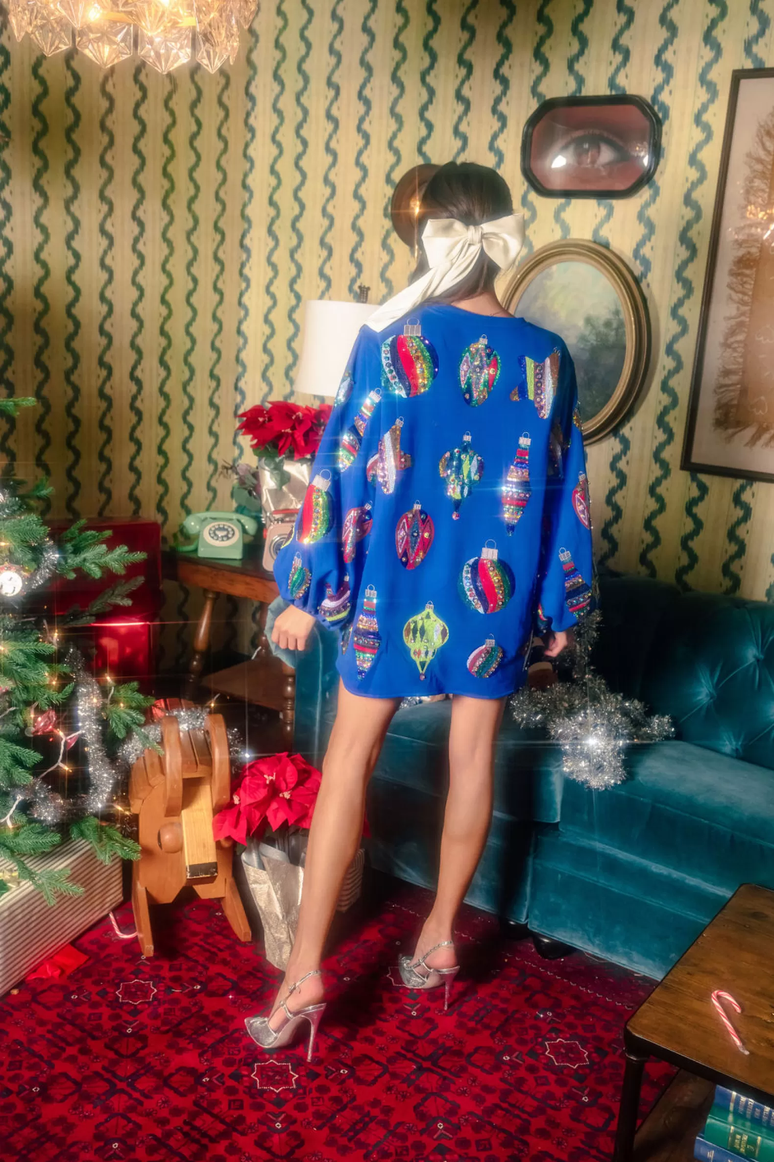 Queen of Sparkles Dresses<Multi Color Ornaments Balloon Sleeve Dress Blue