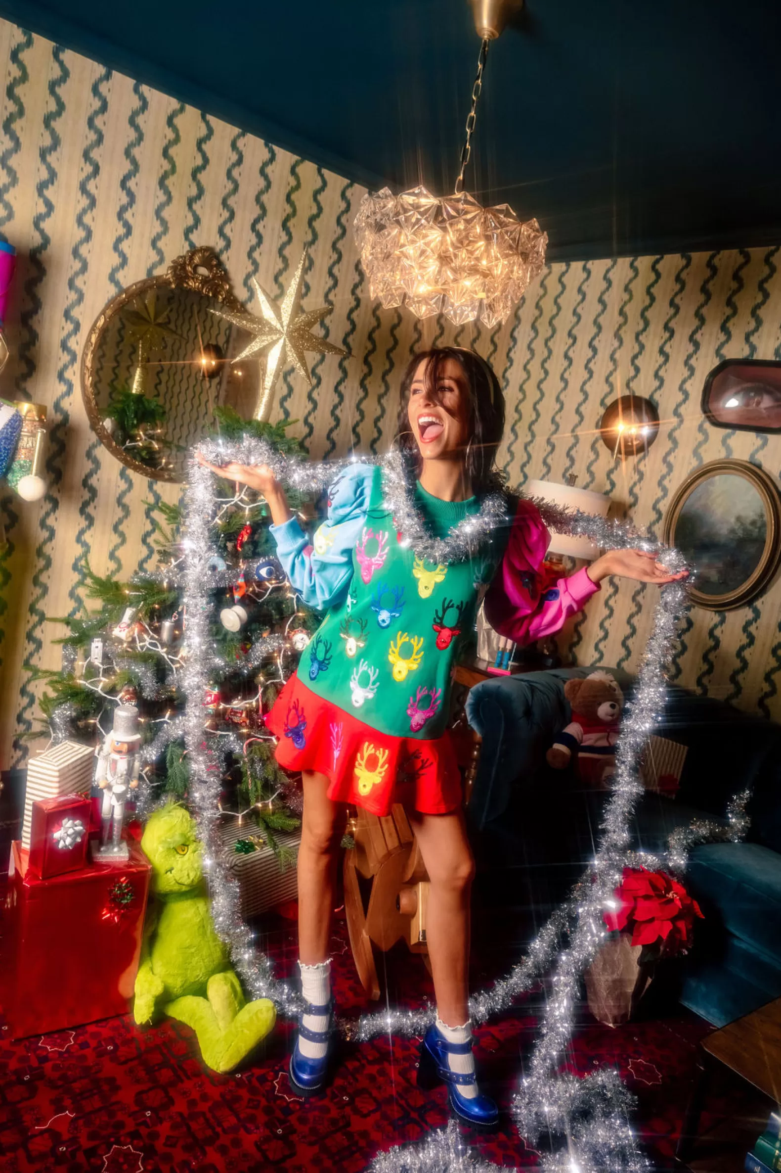 Queen of Sparkles Dresses<Colorblock Dress With Velvet Reindeer Heads Green