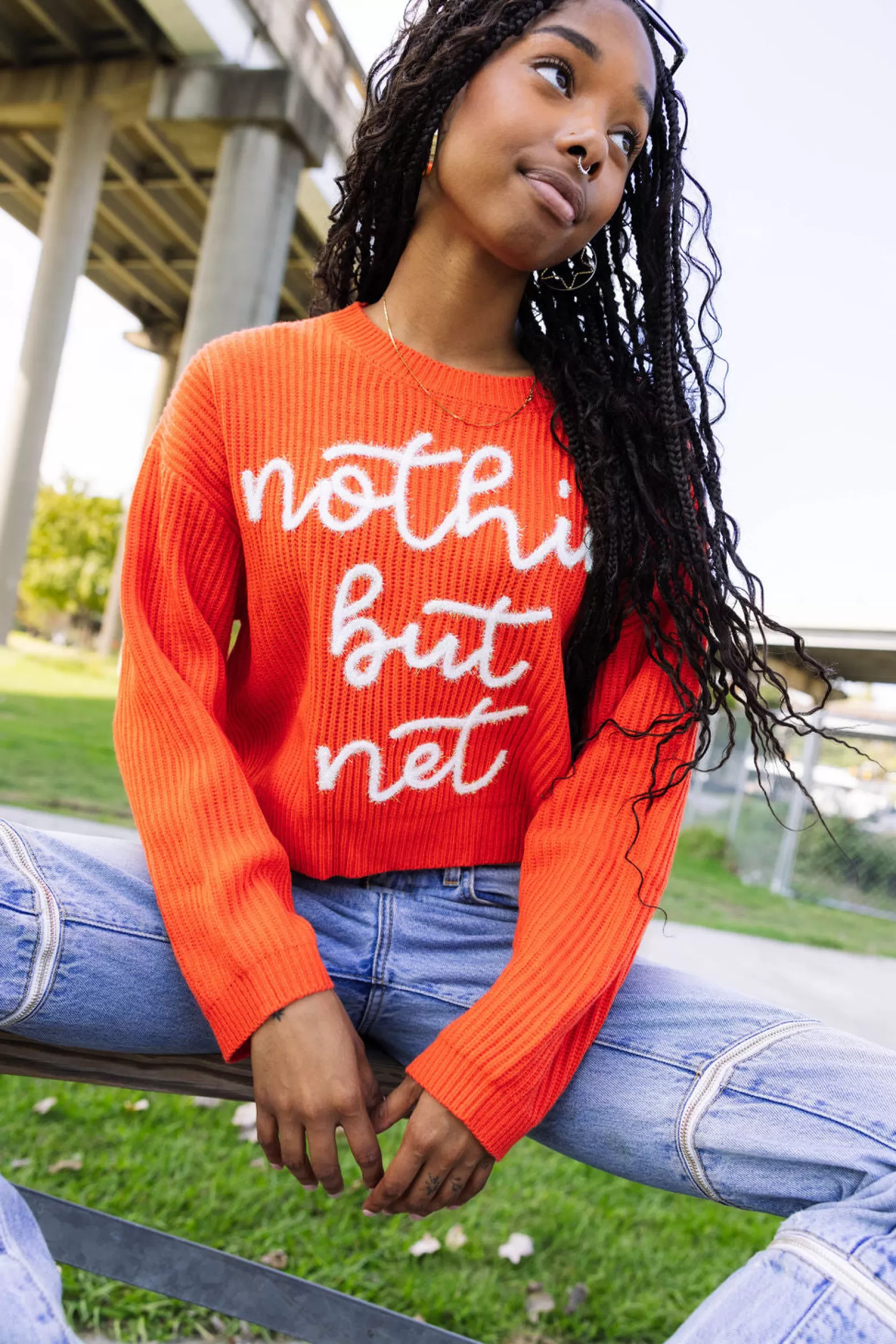 Queen of Sparkles Sweaters<'Nothin But Net' Glitter Script Sweater Dark Orange