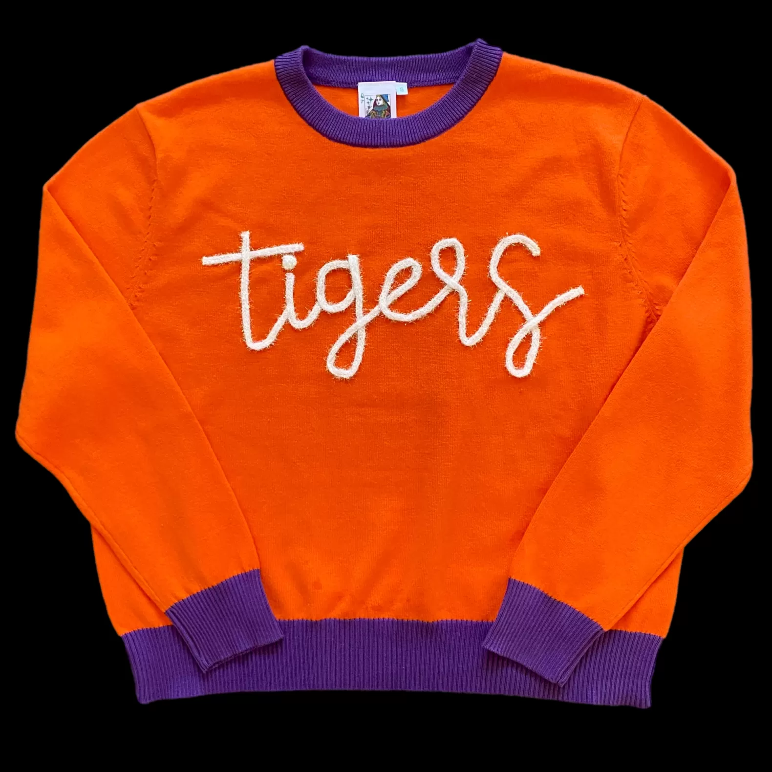 Queen of Sparkles Sweaters<Glitter Script Orange w/ Purple "Tigers" Long Sleeve Sweater
