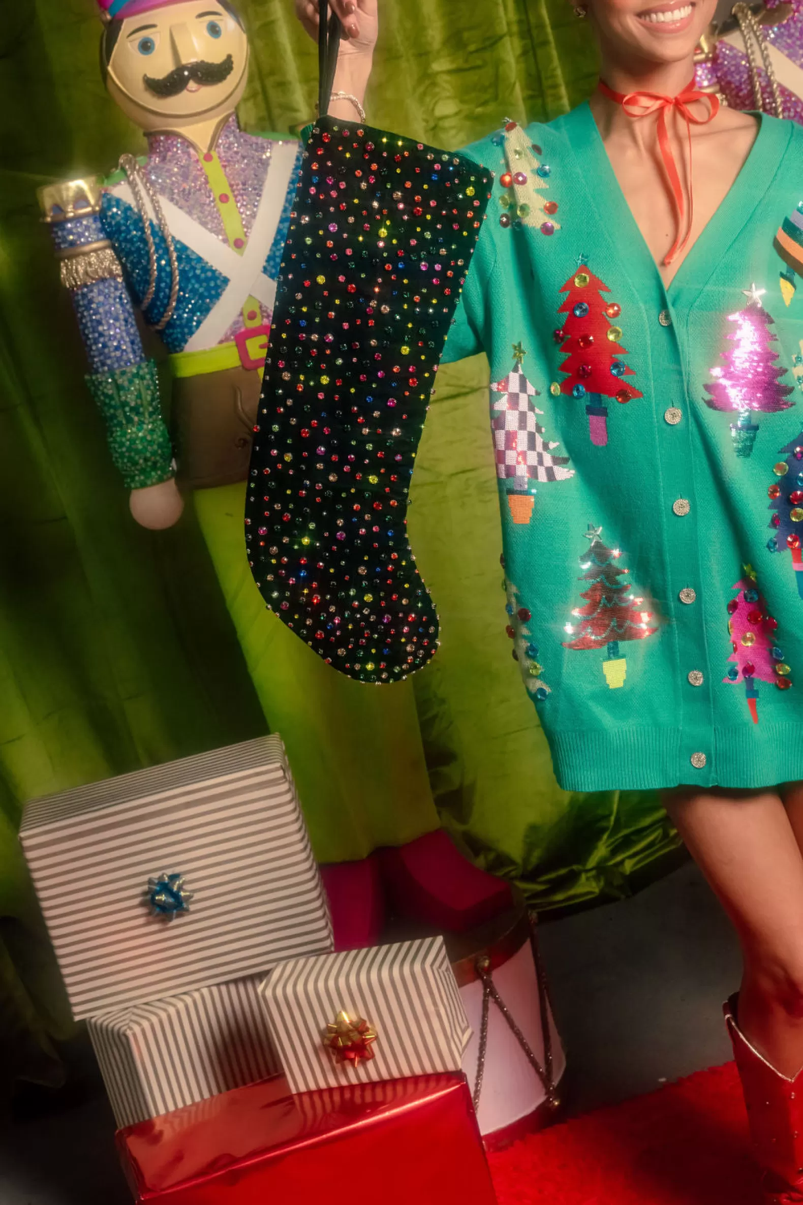 Queen of Sparkles Dresses<Colorblock Trees Cardigan Dress Green