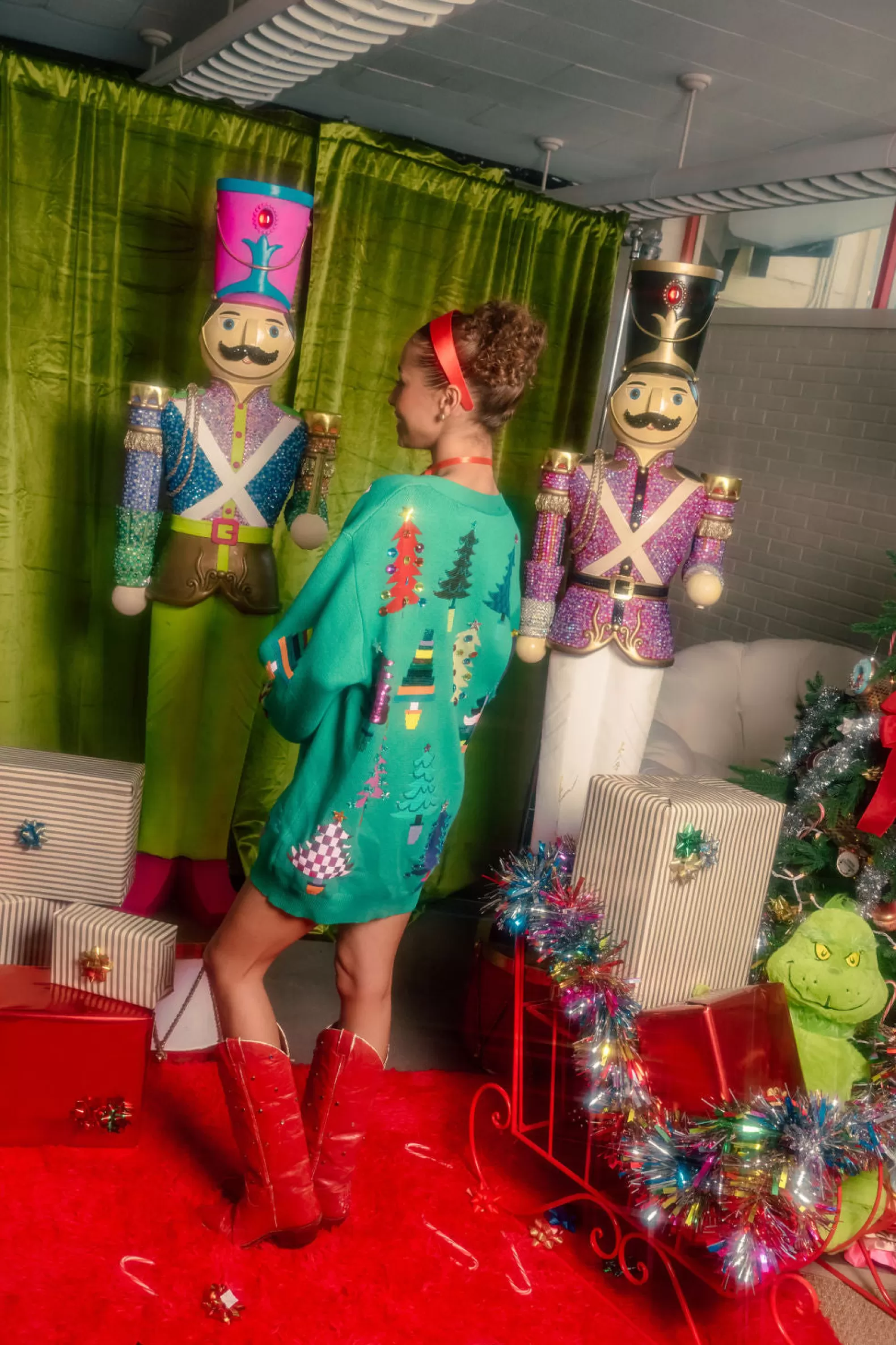 Queen of Sparkles Dresses<Colorblock Trees Cardigan Dress Green