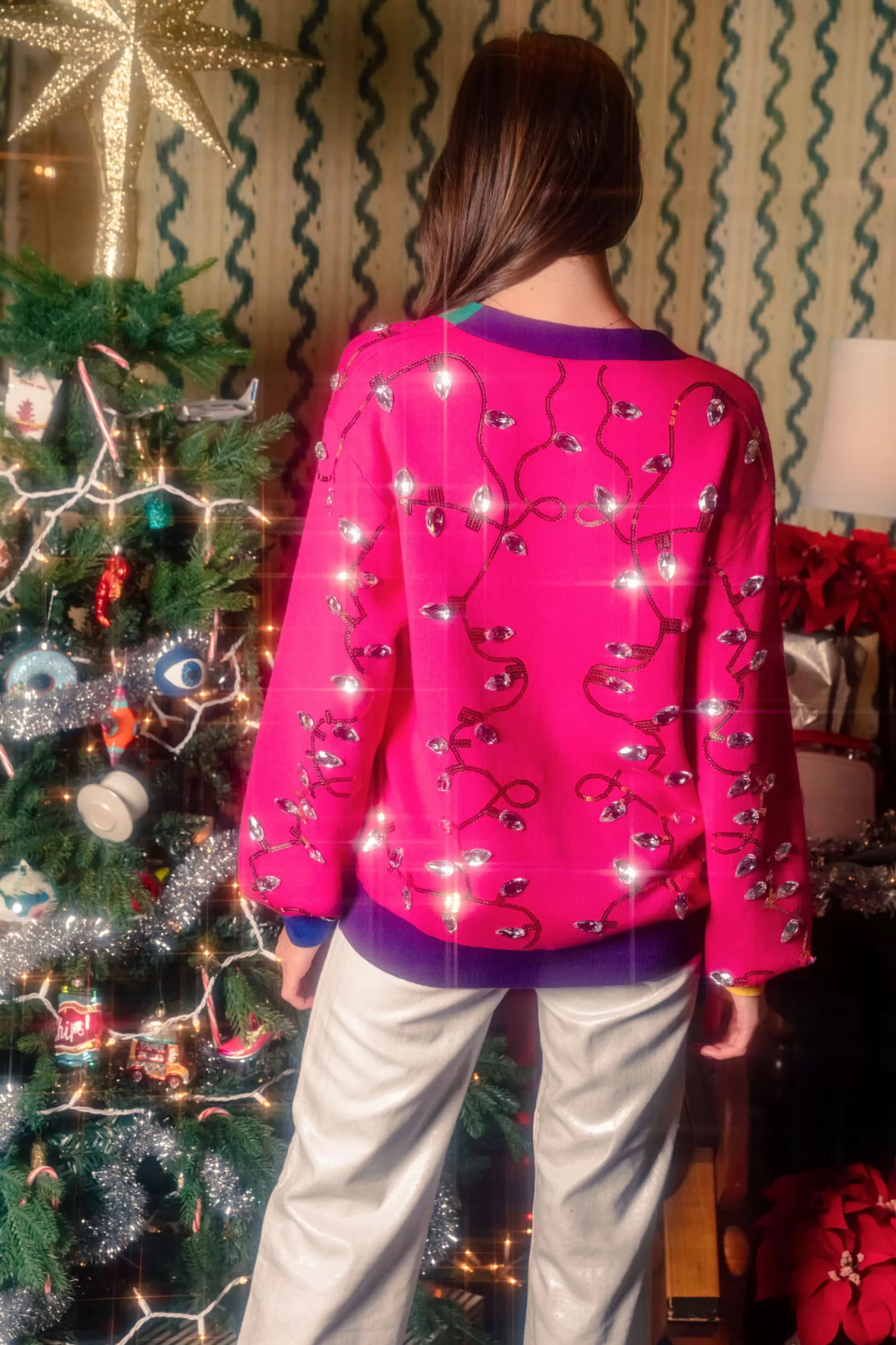 Queen of Sparkles Sweaters<Colorblock Jeweled Christmas Lights Sweater Cardigan Hot Pink