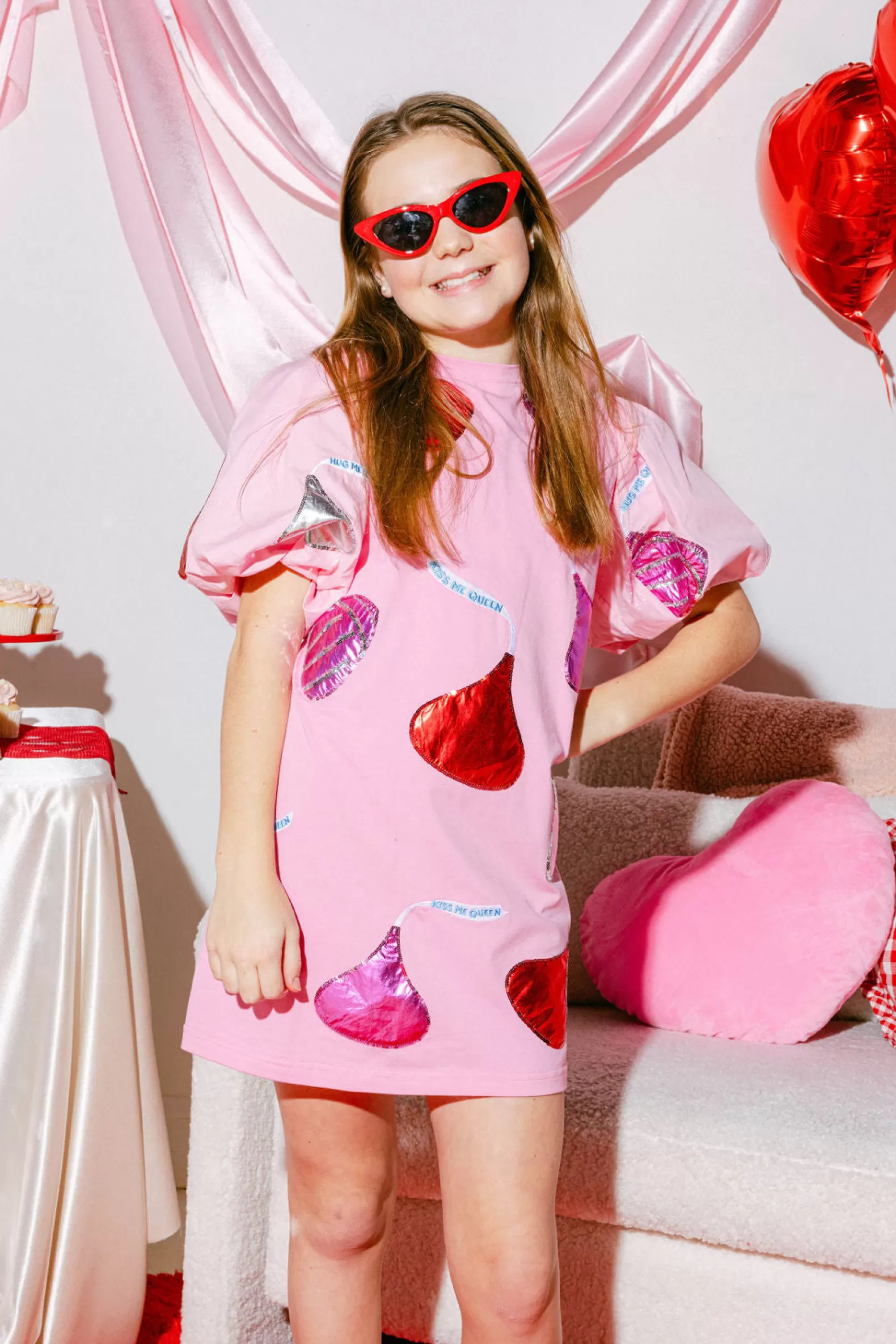 Queen of Sparkles Dresses | Kids<Kids Pink Kiss Me Queen Poof Sleeve Dress Dark Pink