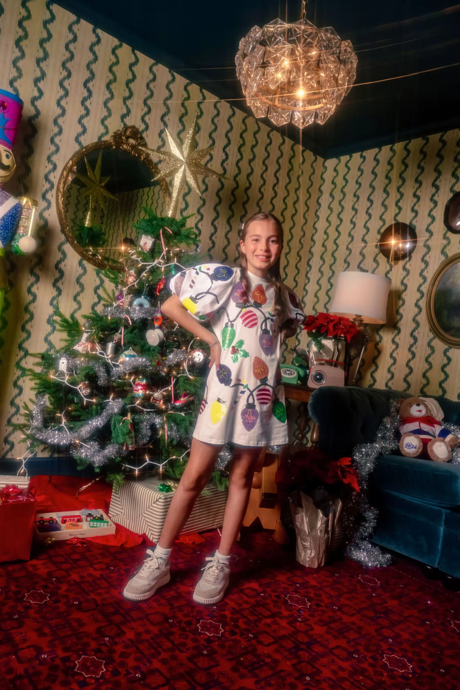 Queen of Sparkles Kids<Kids Christmas Lights Tee With Poof Sequin Sleeve Dress White