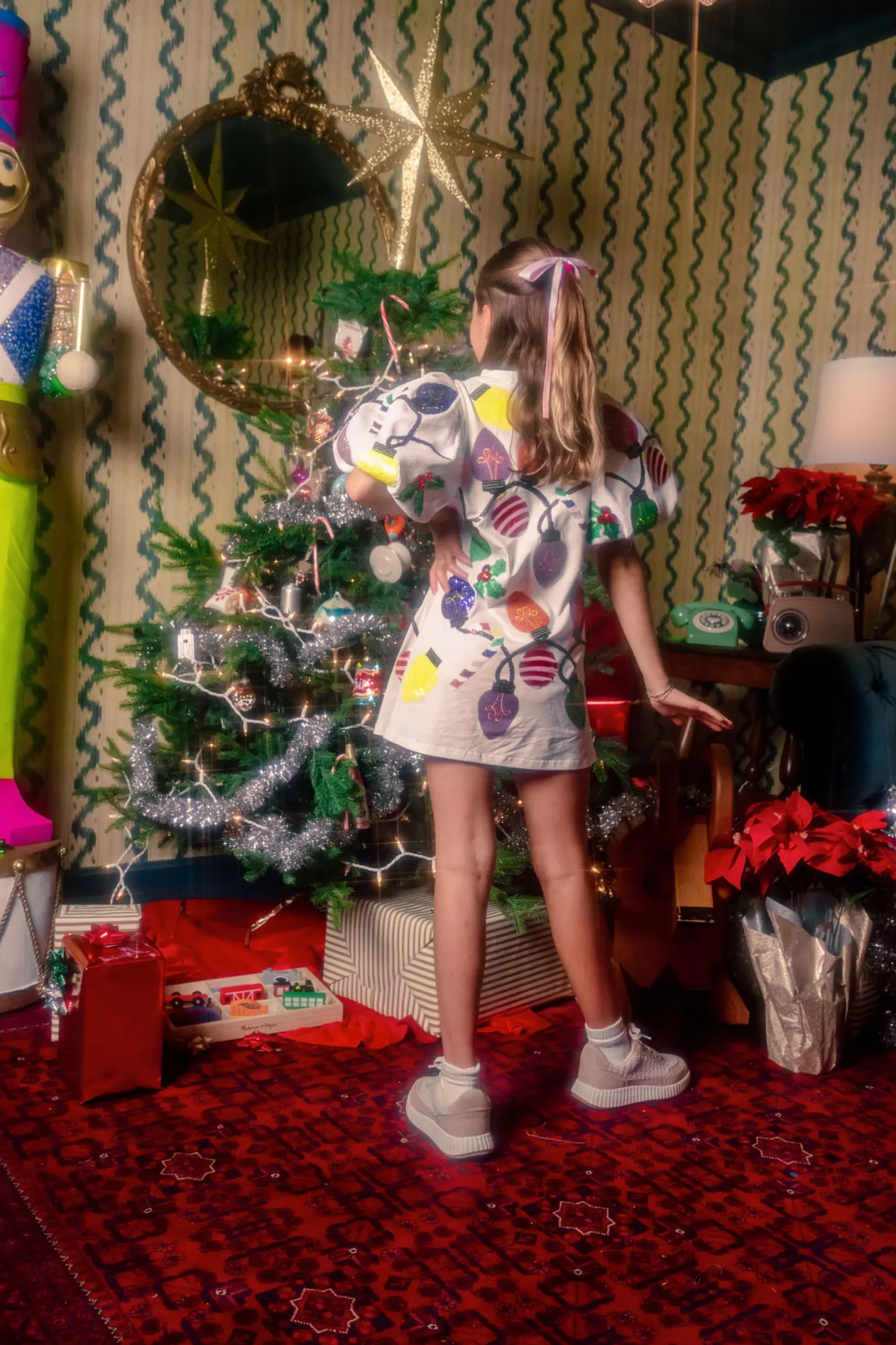 Queen of Sparkles Kids<Kids Christmas Lights Tee With Poof Sequin Sleeve Dress White