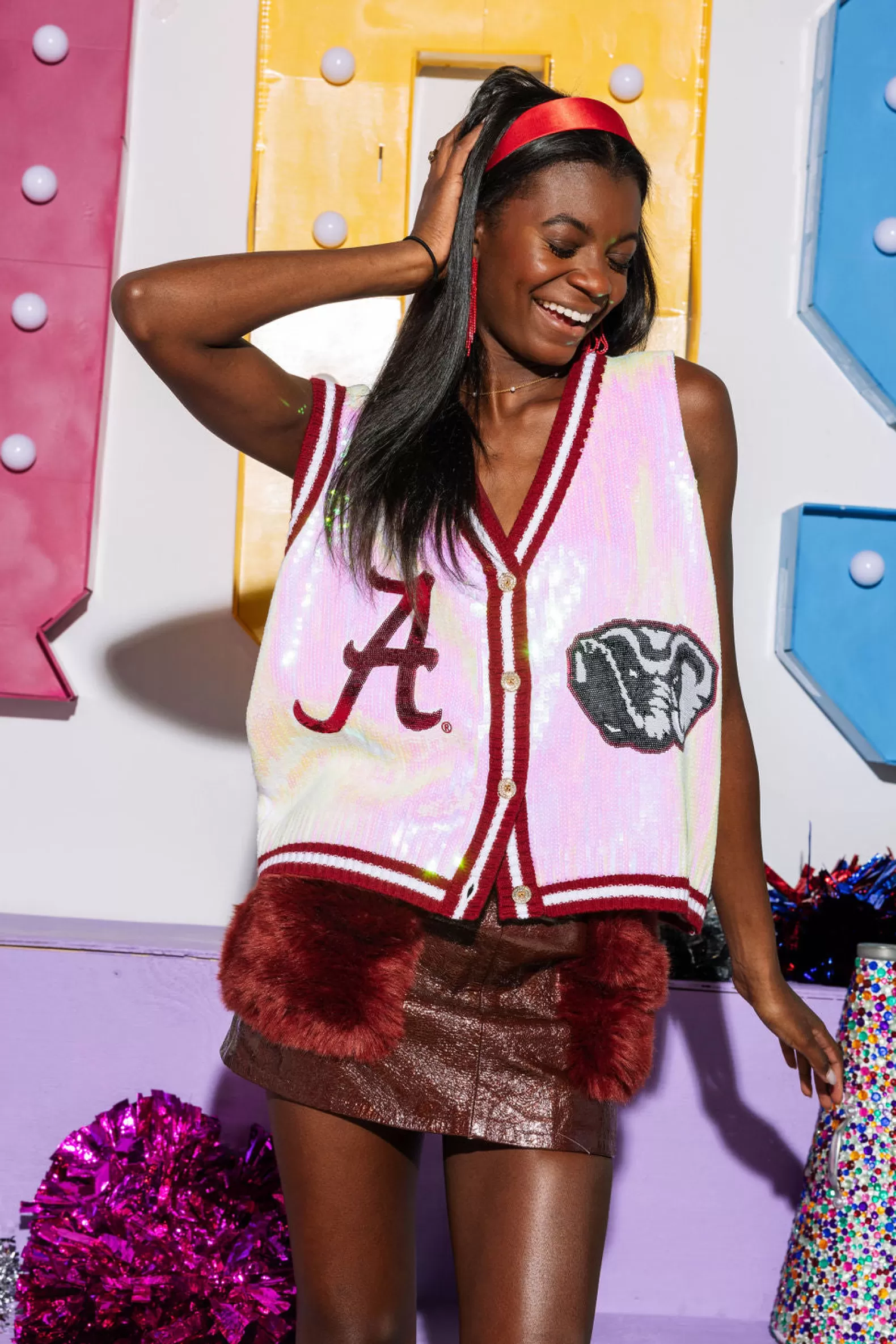 Queen of Sparkles Sweaters<Licensed- Crimson & Full Sequin Alabama Elephant Button Up Sweater Tank White