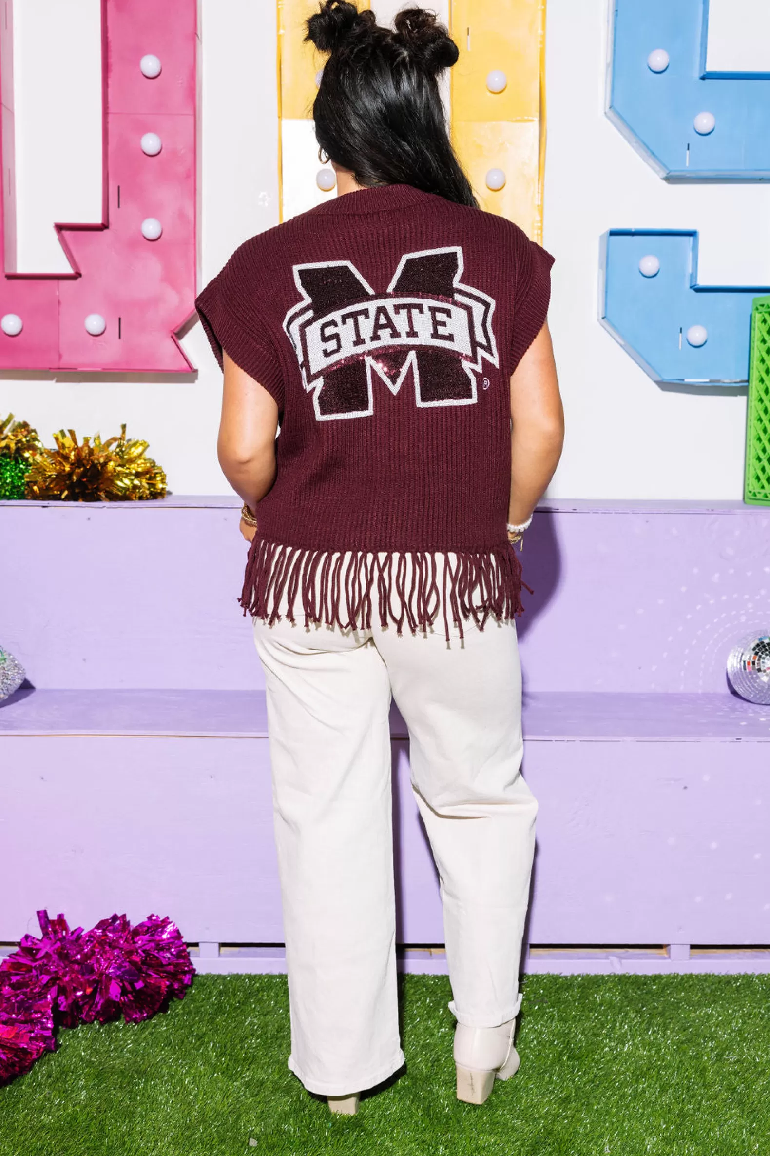 Queen of Sparkles Sweaters<Licensed- 'Hail State' Fringe Sweater Vest Maroon