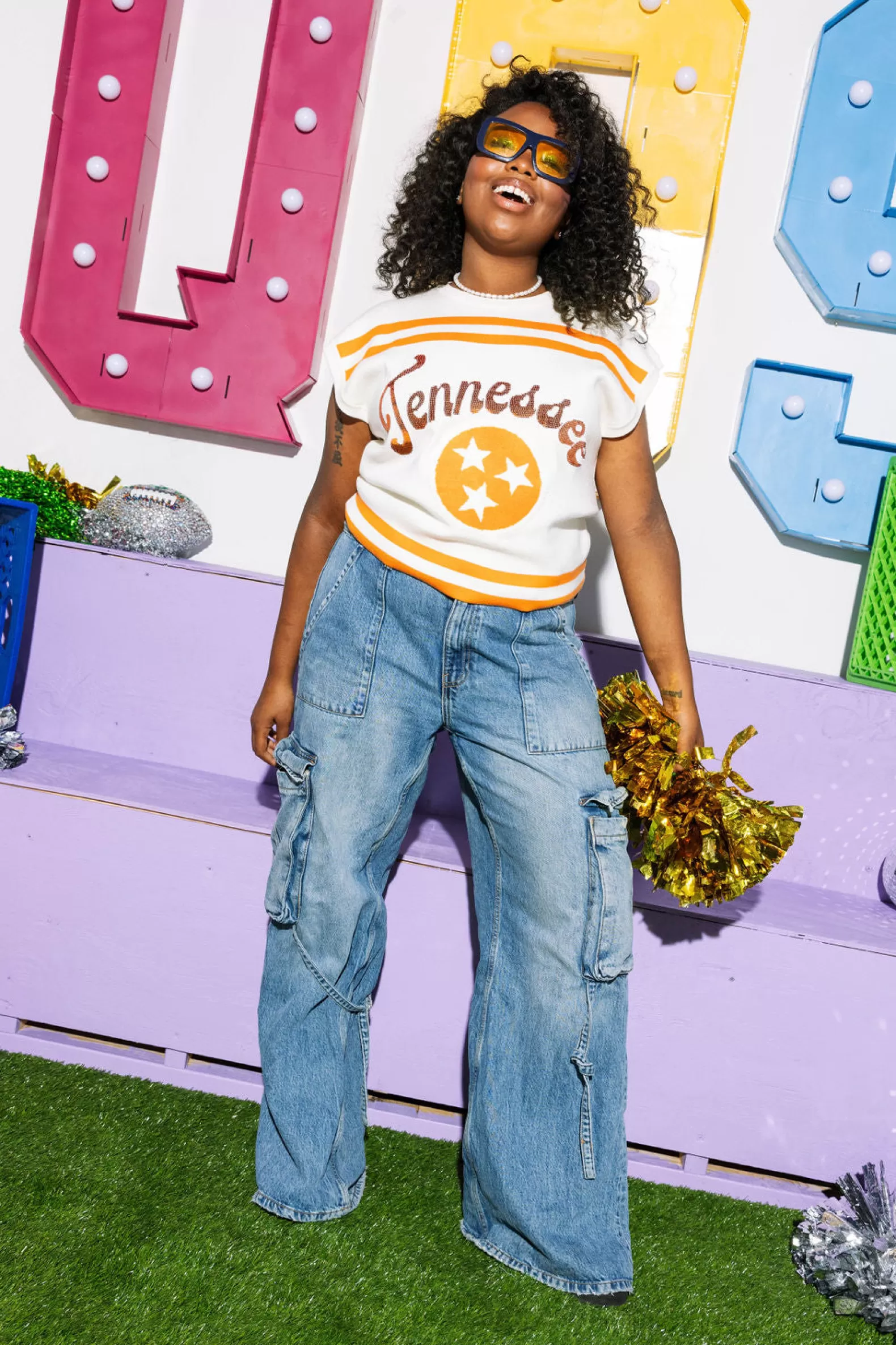 Queen of Sparkles Sweaters | Tops<Licensed- Orange & Tennessee Striped Short Sleeve Top White