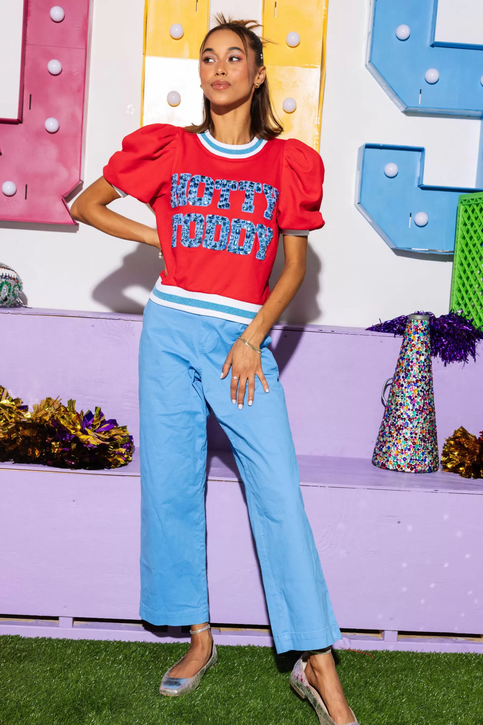 Queen of Sparkles Tops<Licensed Red & Powder Blue Poof Sleeve 'Hotty Toddy' Short Sleeve Top Red/Powder Blue/White