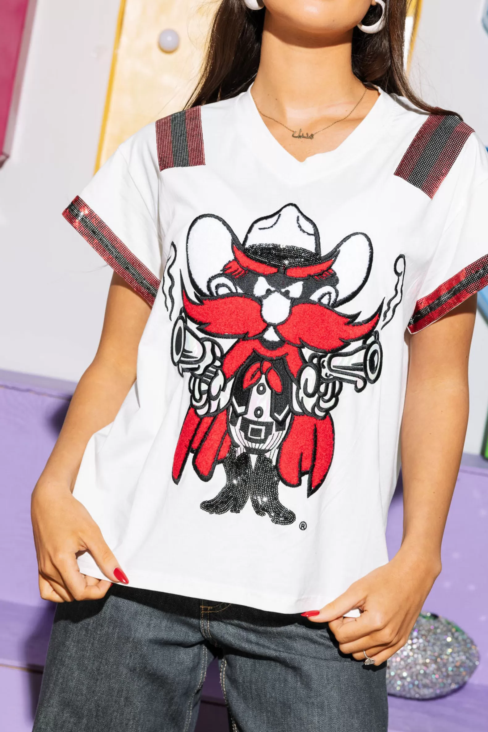 Queen of Sparkles Tees<Licensed , Black & Red Texas Tech Raider Red Jersey Tee White