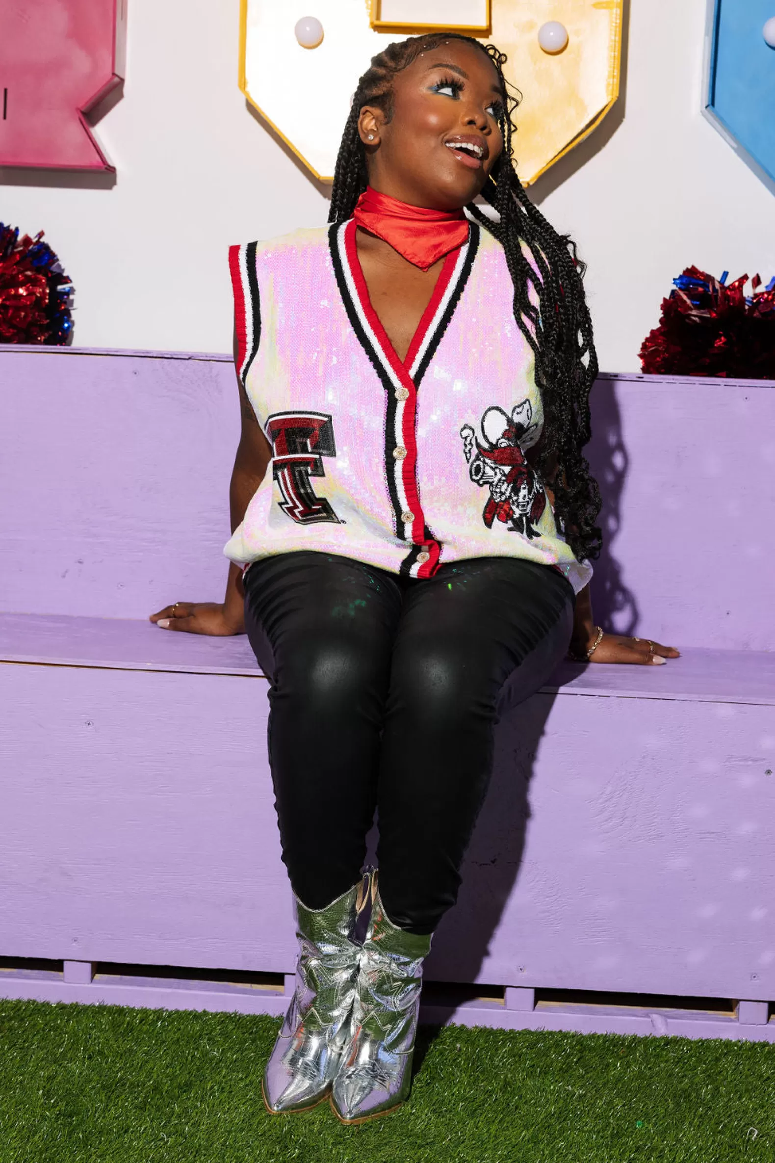 Queen of Sparkles Sweaters<Licensed- , Red & Black Texas Tech Full Sequin Button Up Sweater Vest White