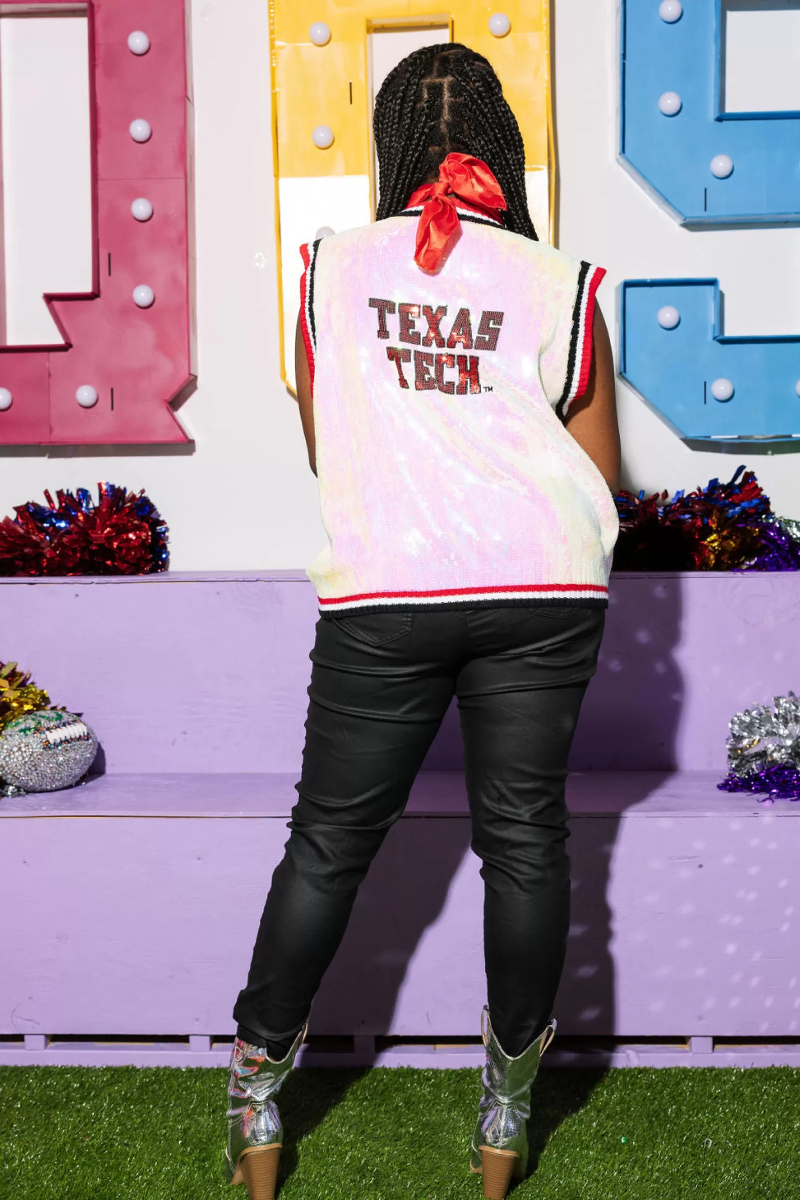 Queen of Sparkles Sweaters<Licensed- , Red & Black Texas Tech Full Sequin Button Up Sweater Vest White