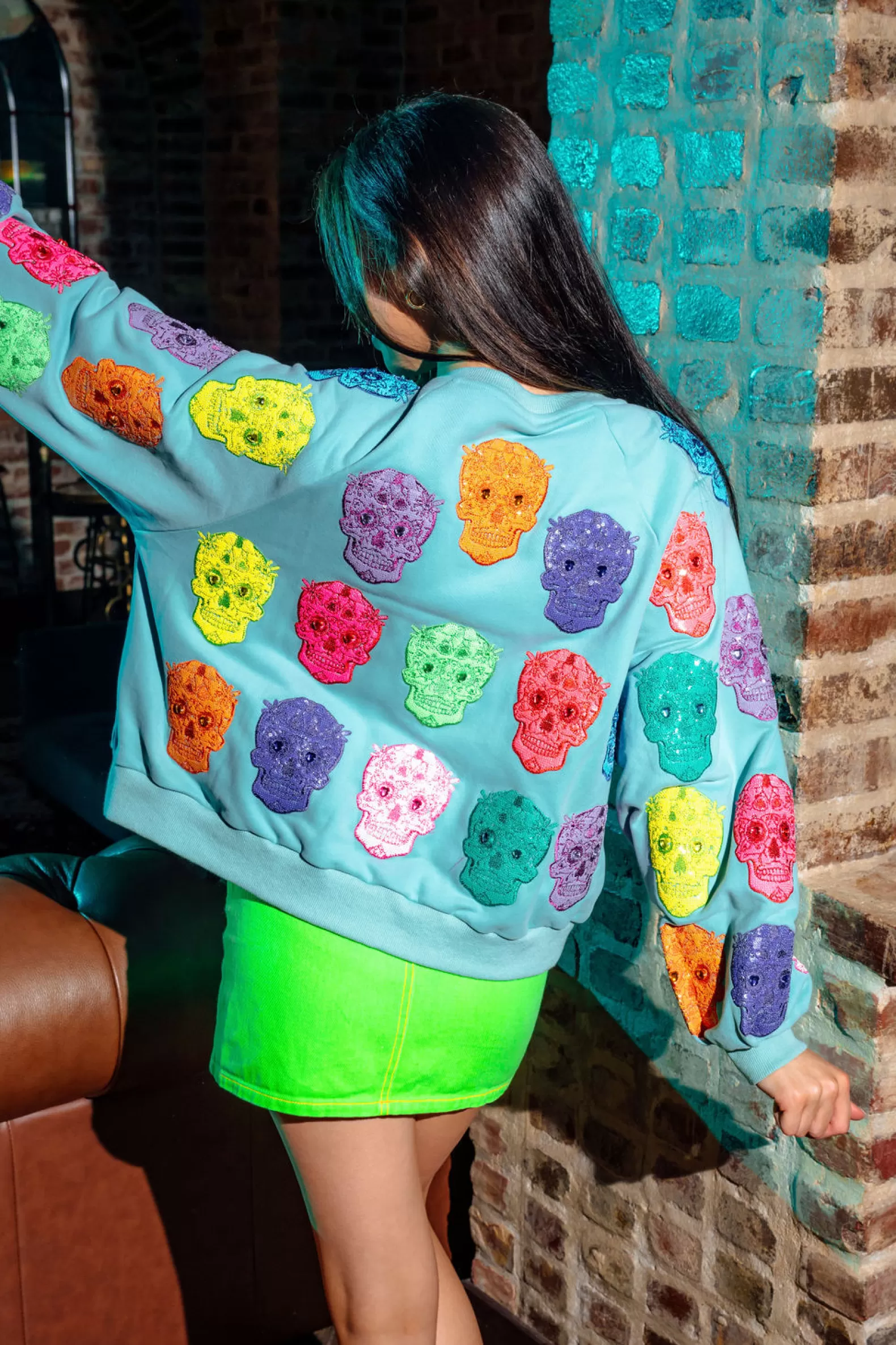Queen of Sparkles Sets | Sweatshirts<Multi Color Sugar Skull Sweatshirt Light Blue