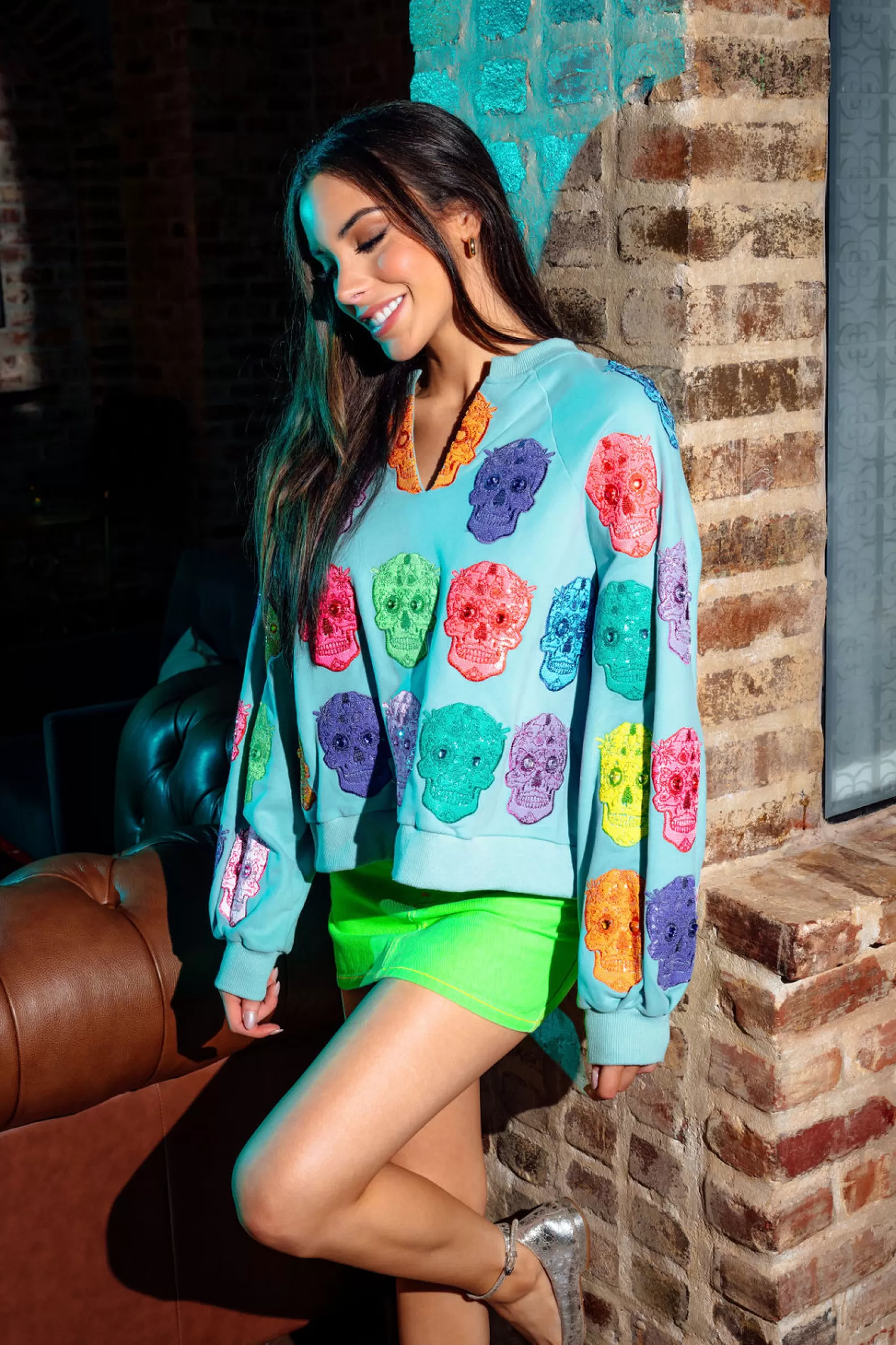Queen of Sparkles Sets | Sweatshirts<Multi Color Sugar Skull Sweatshirt Light Blue