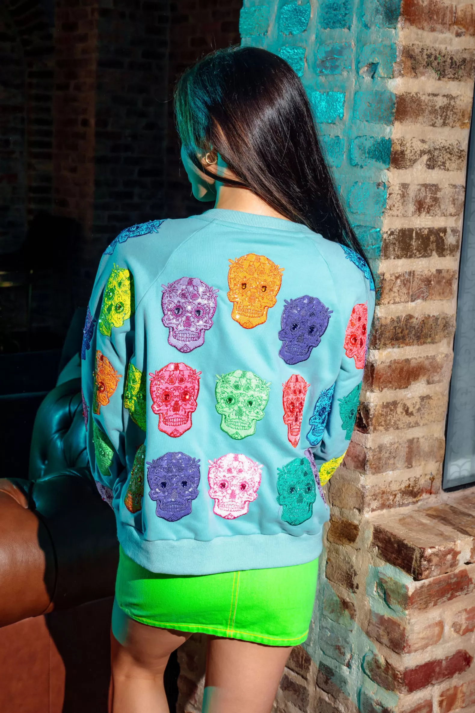 Queen of Sparkles Sets | Sweatshirts<Multi Color Sugar Skull Sweatshirt Light Blue