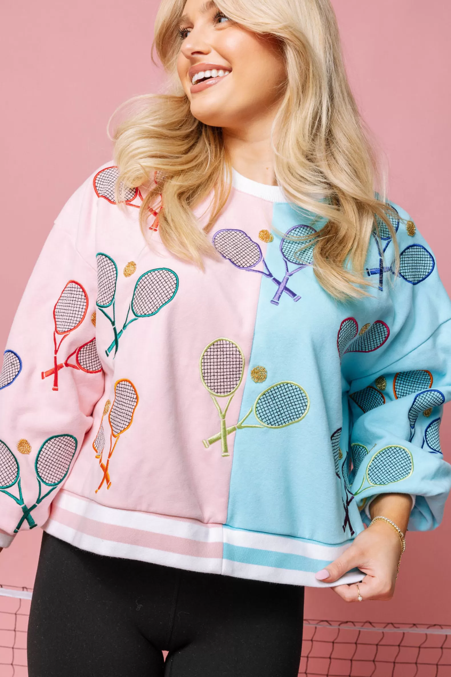 Queen of Sparkles Activewear | Sweatshirts<Light Pink & Blue Colorblock Tennis Sweatshirt Light Pink/Blue