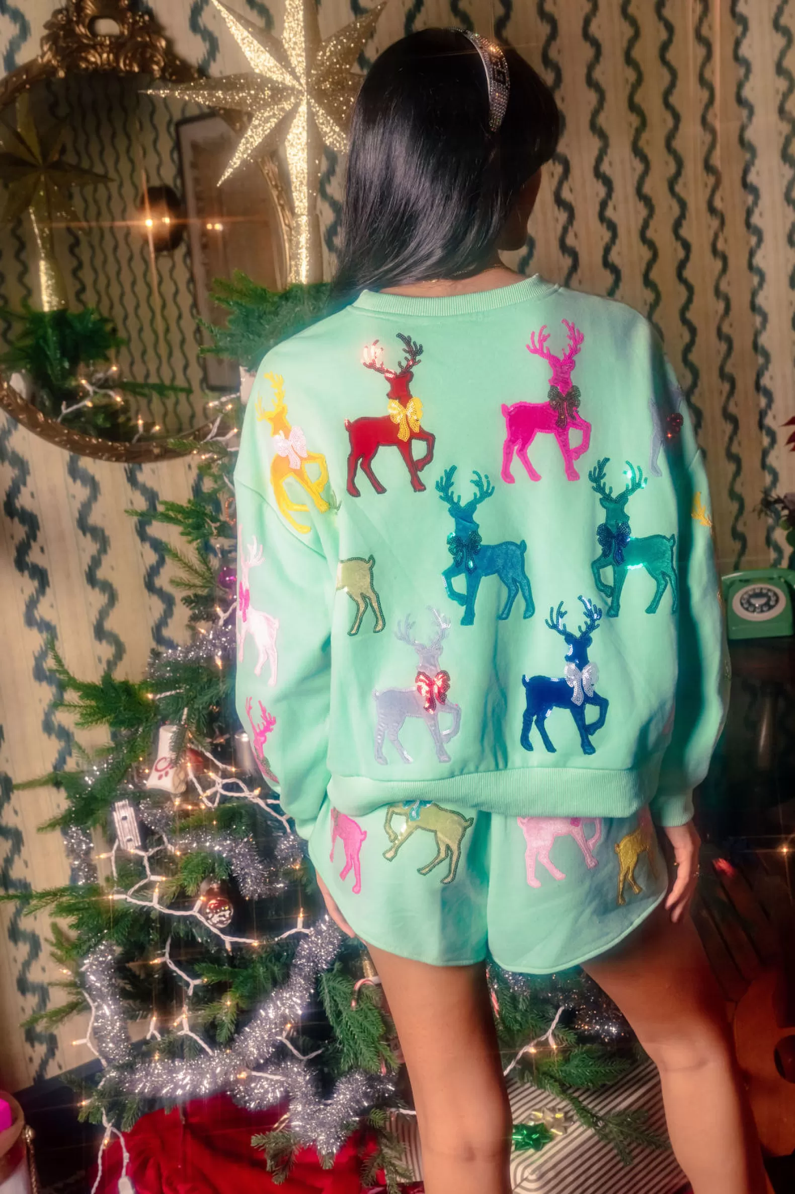 Queen of Sparkles Sets | Sweatshirts<Sweatshirt With Velvet Reindeers & Bows Mint Green