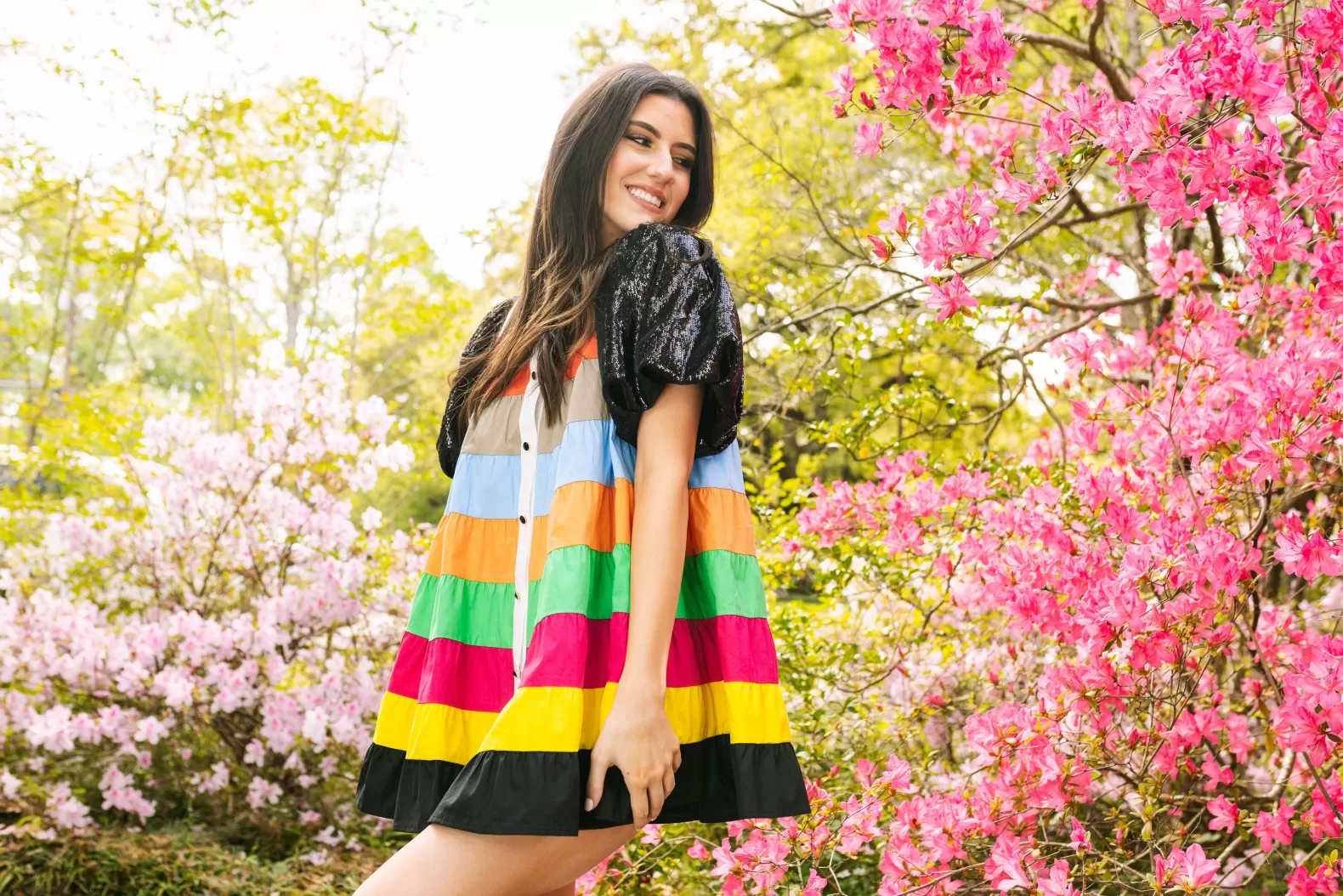 Queen of Sparkles Dresses<Multi Color Tier Black Sequin Poof Sleeve Dress
