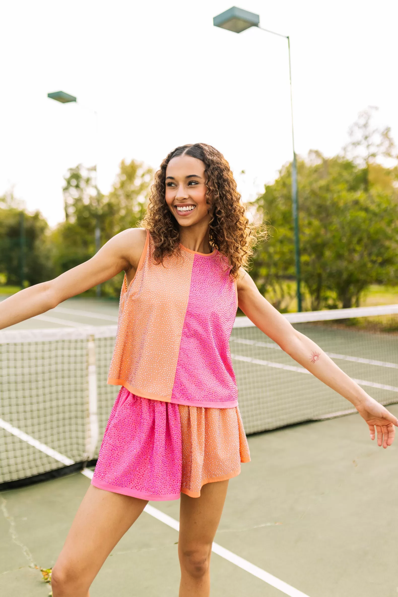 Queen of Sparkles Activewear | Tops<Pale Orange & Coral Active Rhinestone Tank