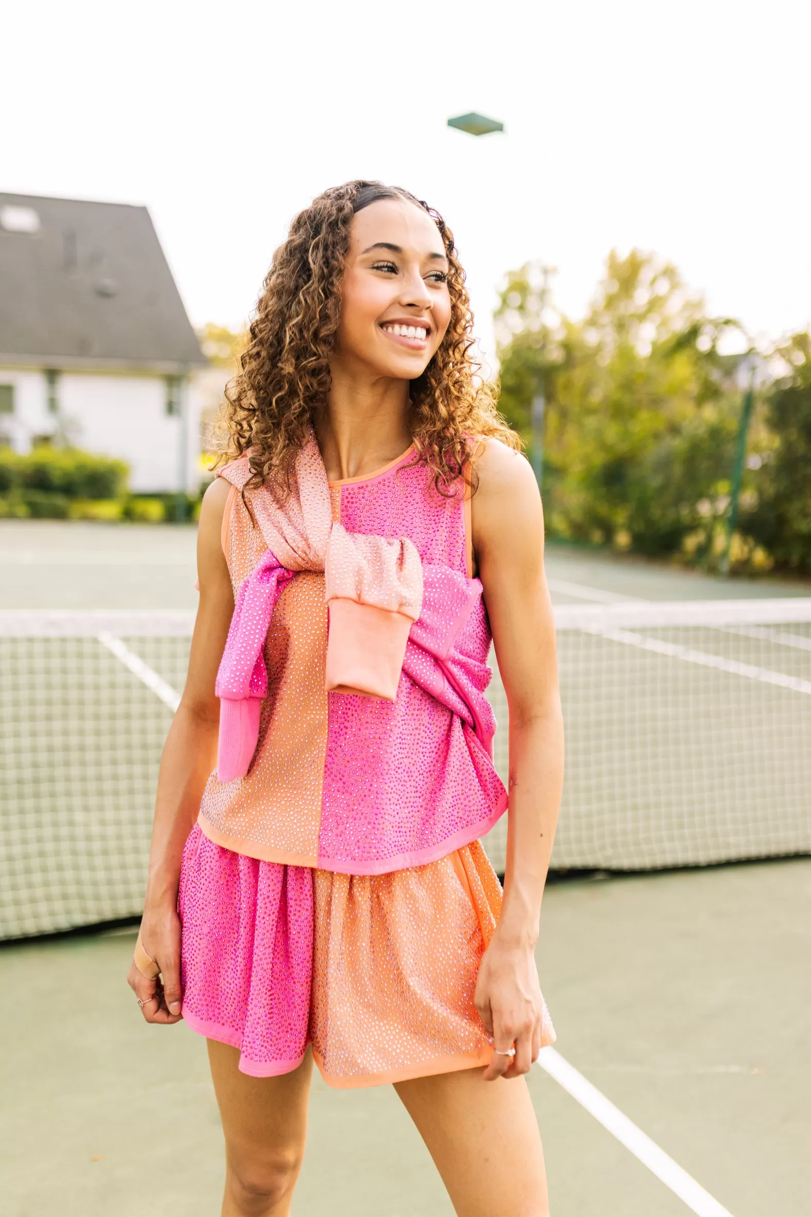 Queen of Sparkles Activewear | Tops<Pale Orange & Coral Active Rhinestone Tank