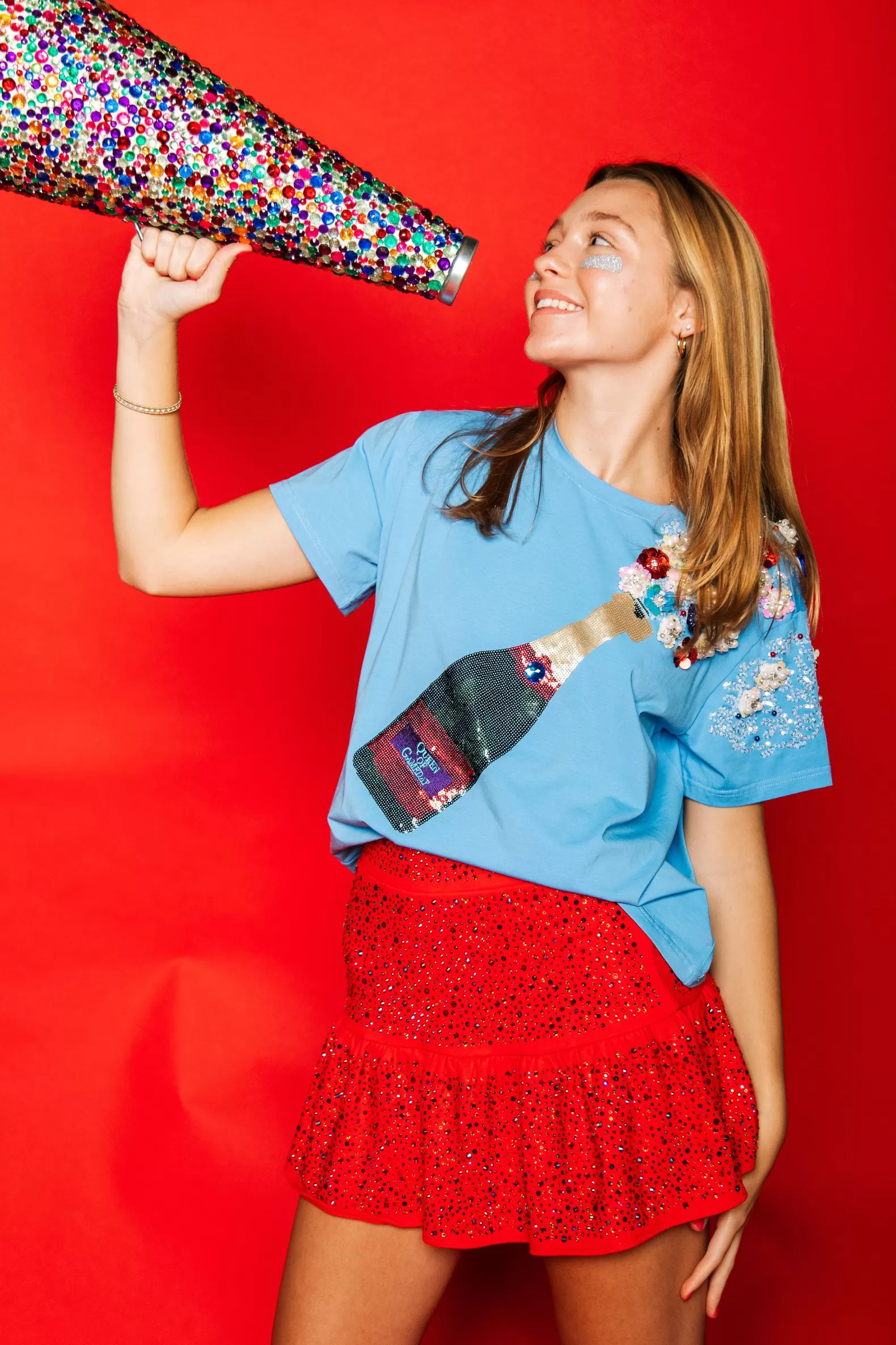 Queen of Sparkles Tees<Powder Blue with Red&Navy Popping Champagne Tee XS