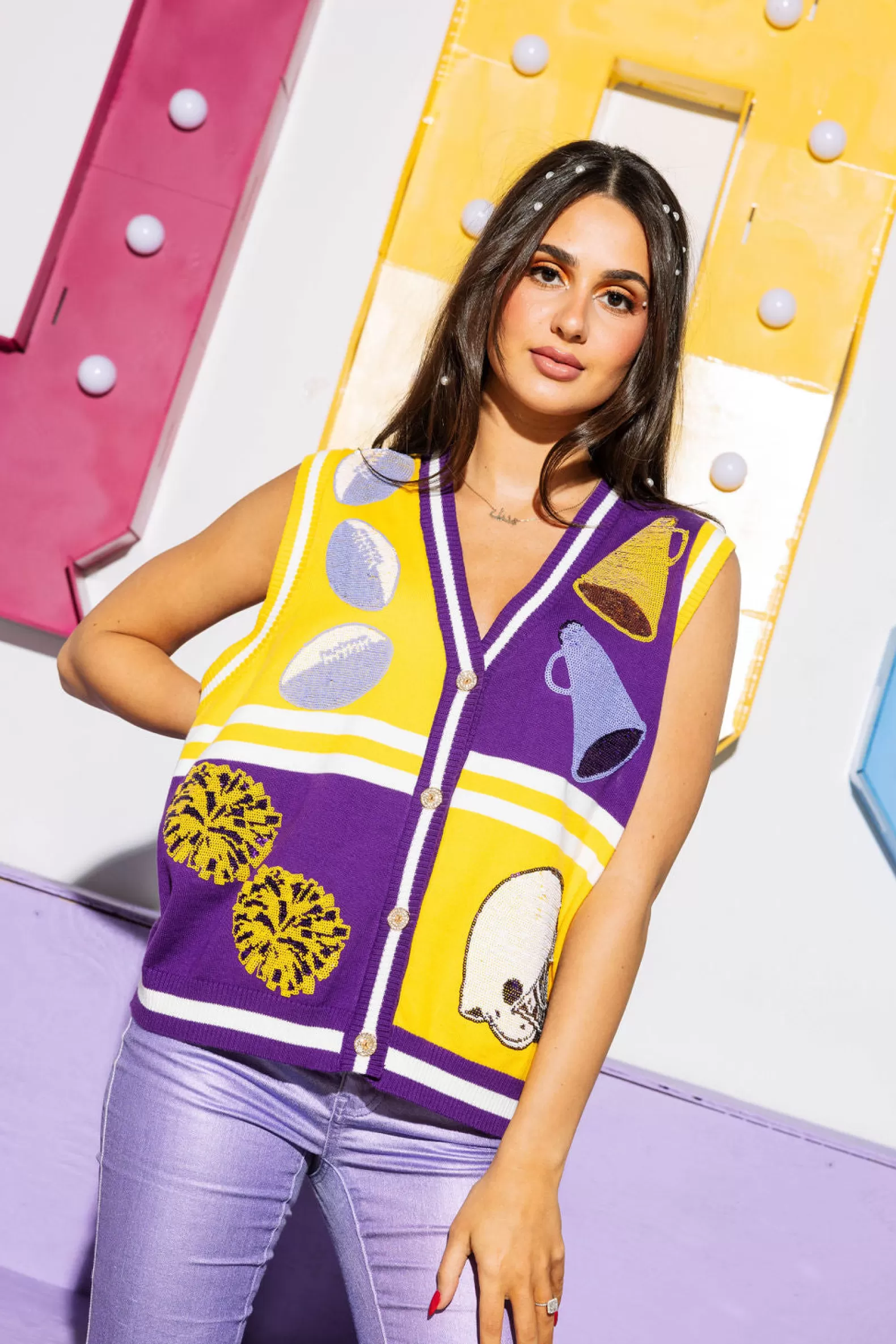 Queen of Sparkles Sweaters<Purple & Gold Colorblock Football Icon Button Up Sweater Vest Purple/Yellow