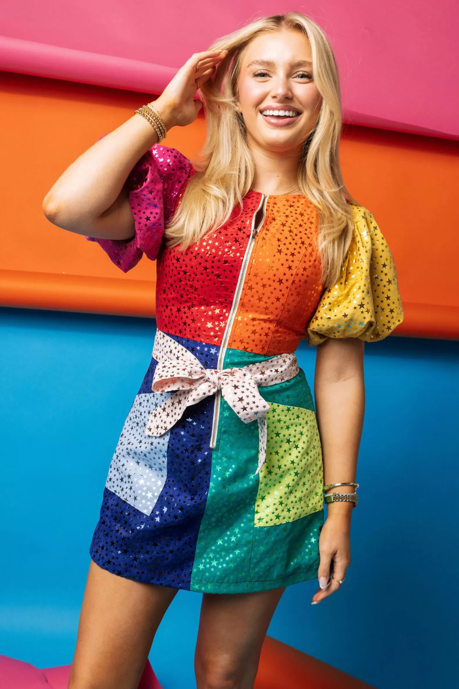 Queen of Sparkles Dresses<Colorblock Star Poof Sleeve Tie Dress Rainbow