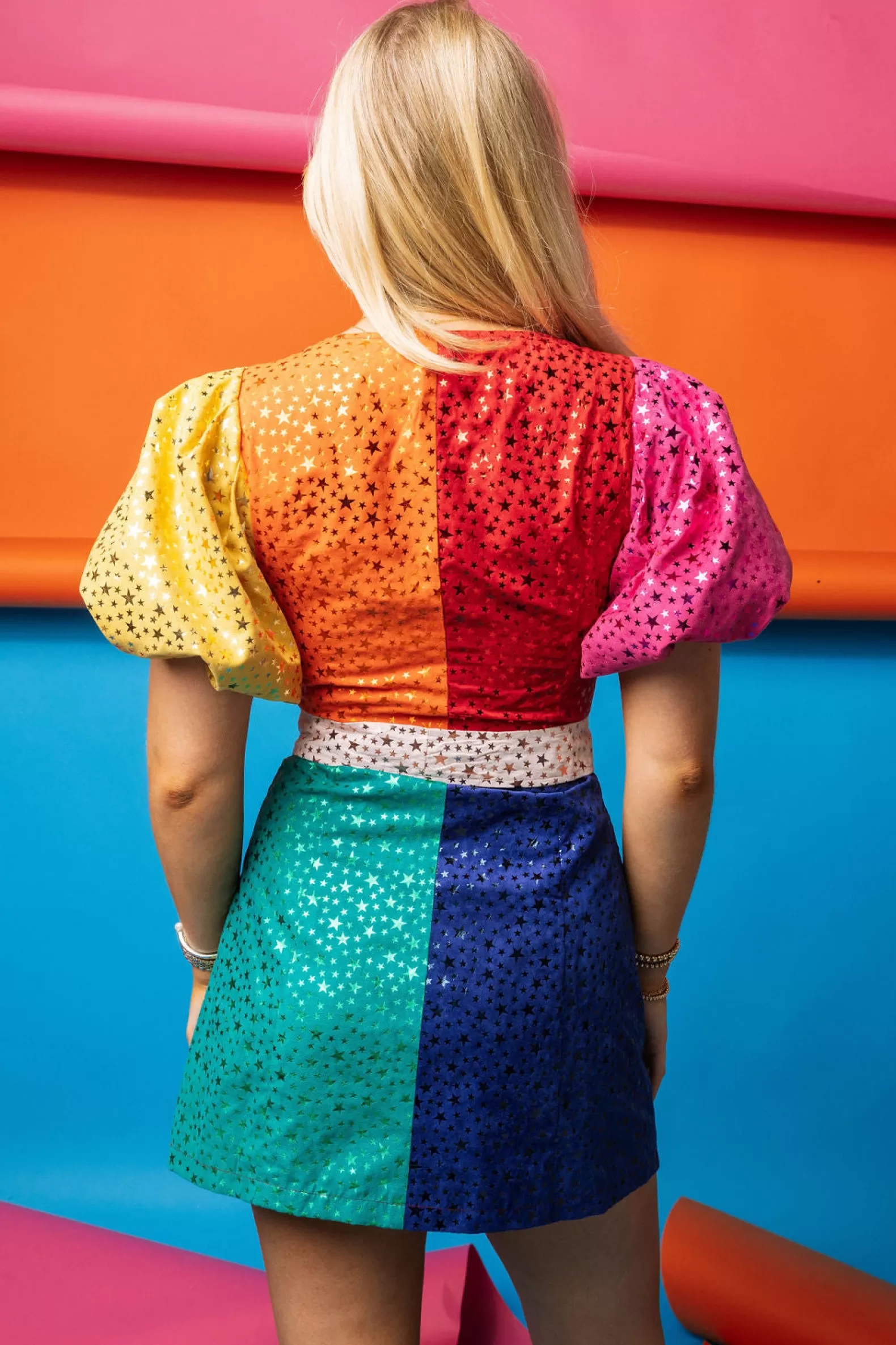 Queen of Sparkles Dresses<Colorblock Star Poof Sleeve Tie Dress Rainbow