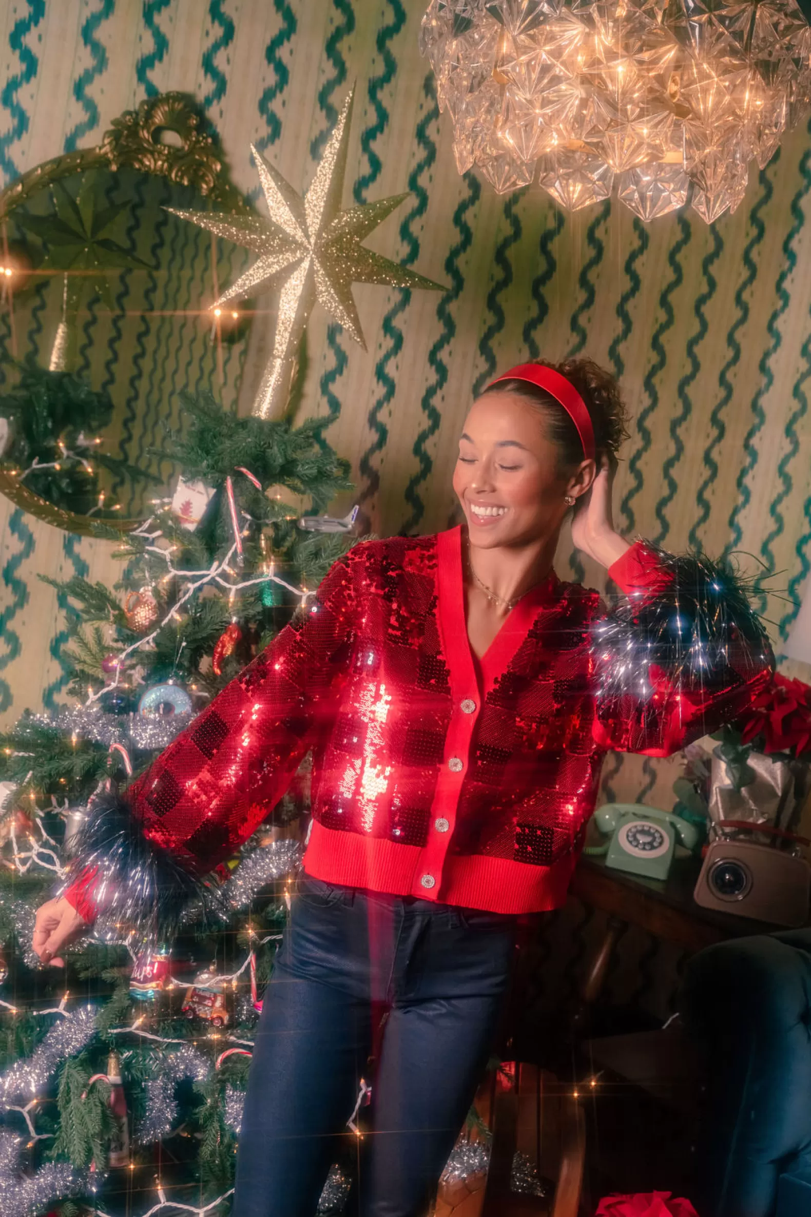 Queen of Sparkles Sweaters<Red & Black Buffalo Plaid Full Sequin With Feather Sleeve Cardigan Red/Black
