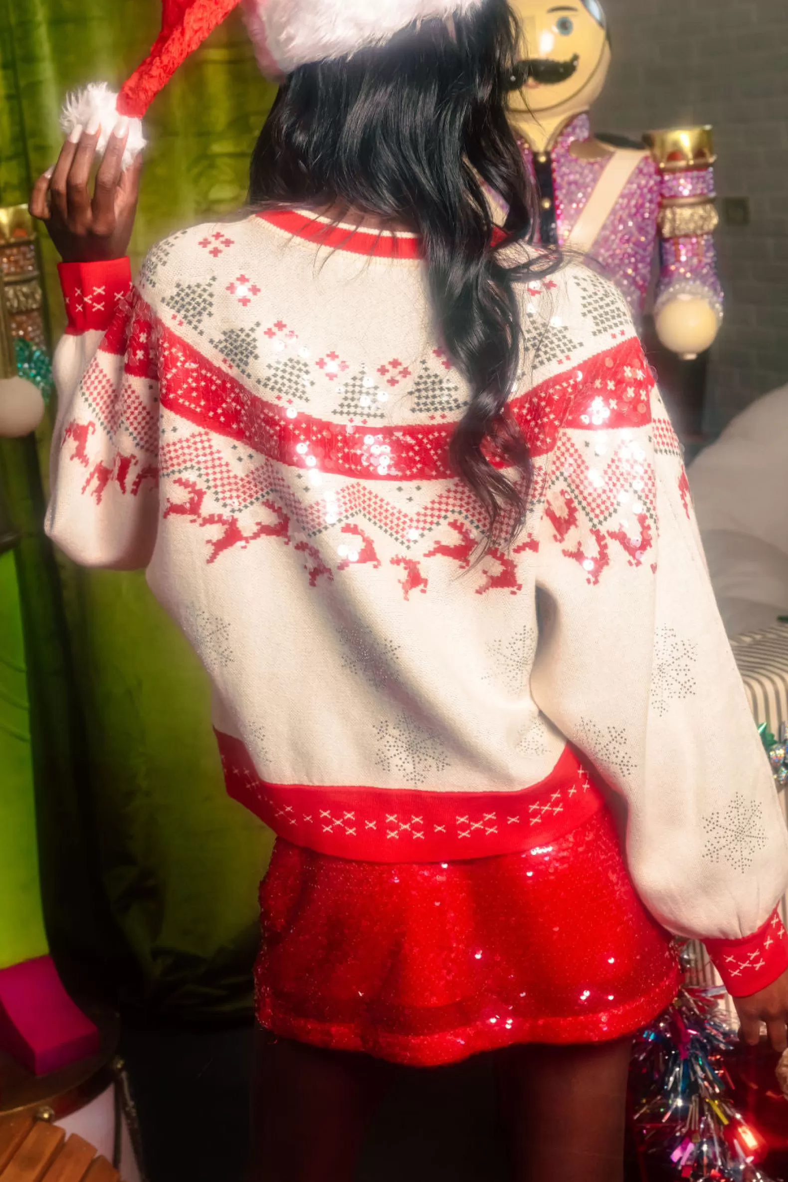 Queen of Sparkles Sweaters<Red & Vintage Needlepoint Reindeer Sweater White