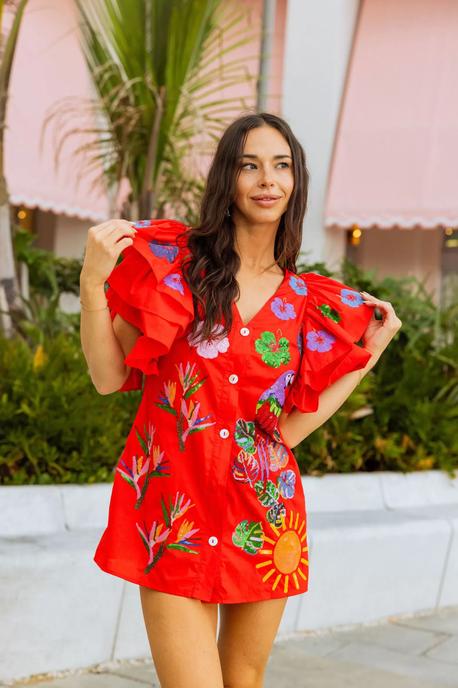 Queen of Sparkles Dresses<Paradise Icon Ruffle Sleeve Dress Red