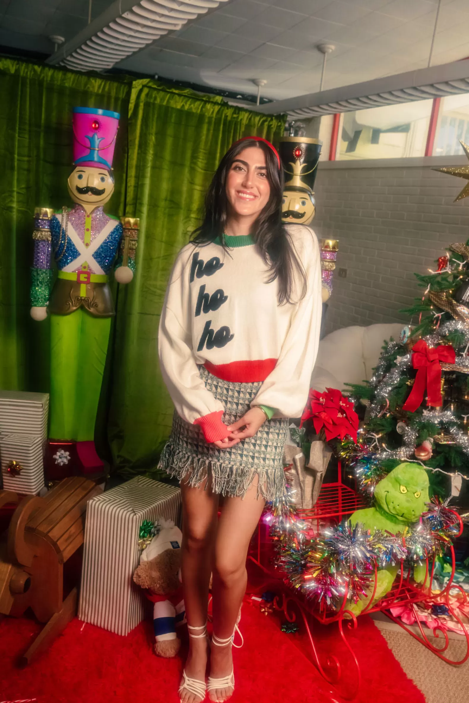 Queen of Sparkles Sweaters<Red, & Green Colorblock 'Ho Ho Ho' Sweater White