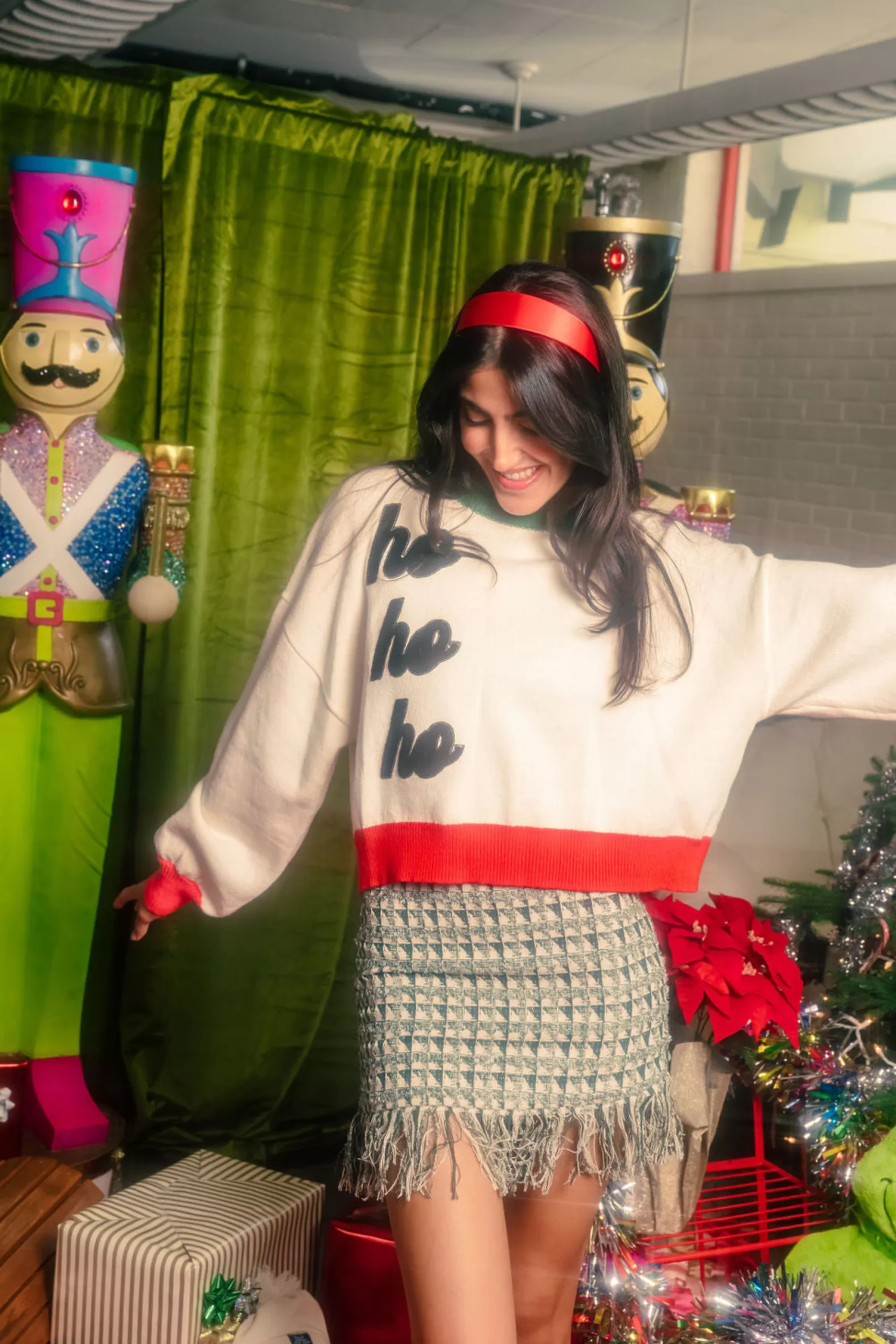 Queen of Sparkles Sweaters<Red, & Green Colorblock 'Ho Ho Ho' Sweater White