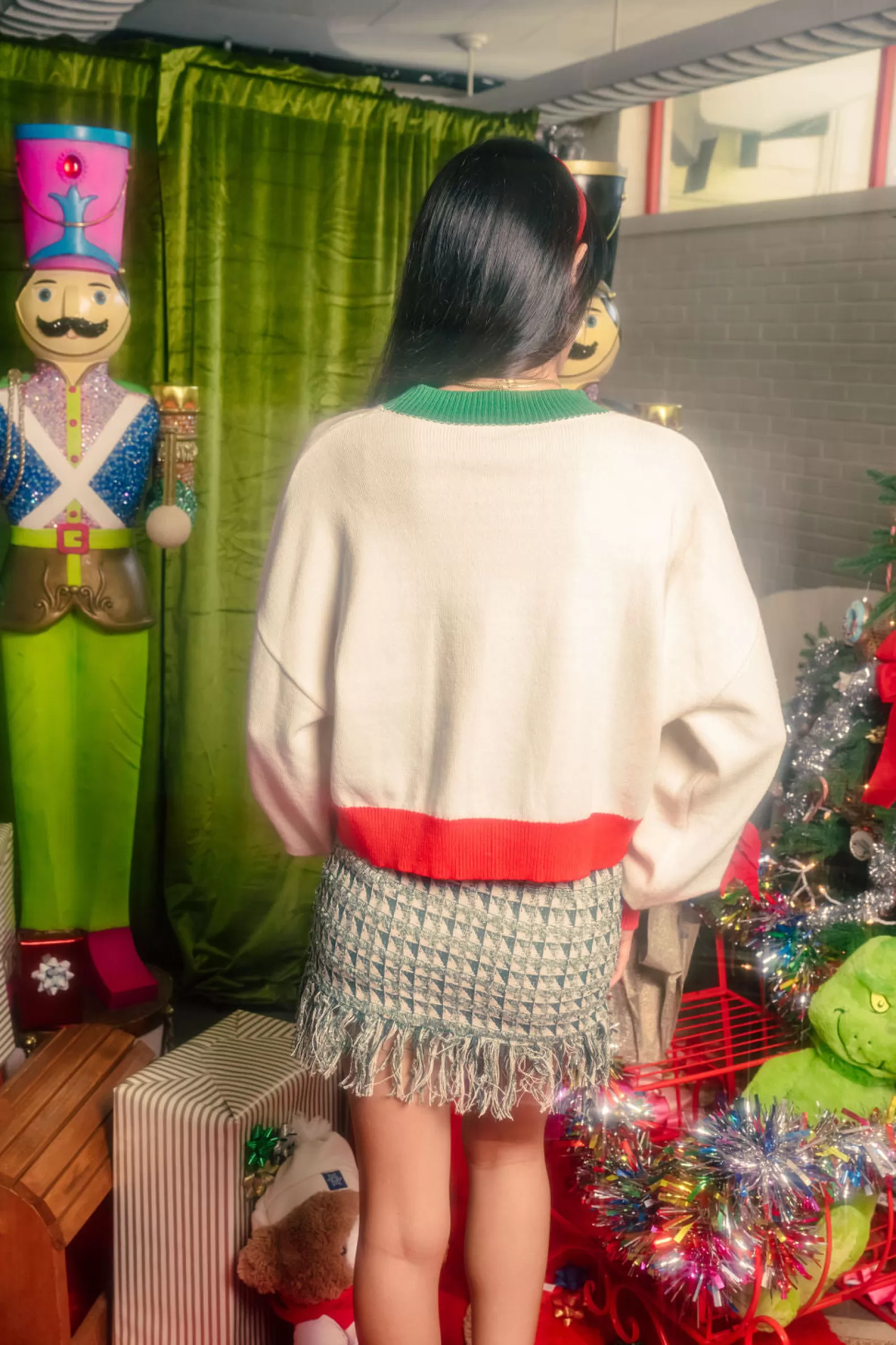 Queen of Sparkles Sweaters<Red, & Green Colorblock 'Ho Ho Ho' Sweater White