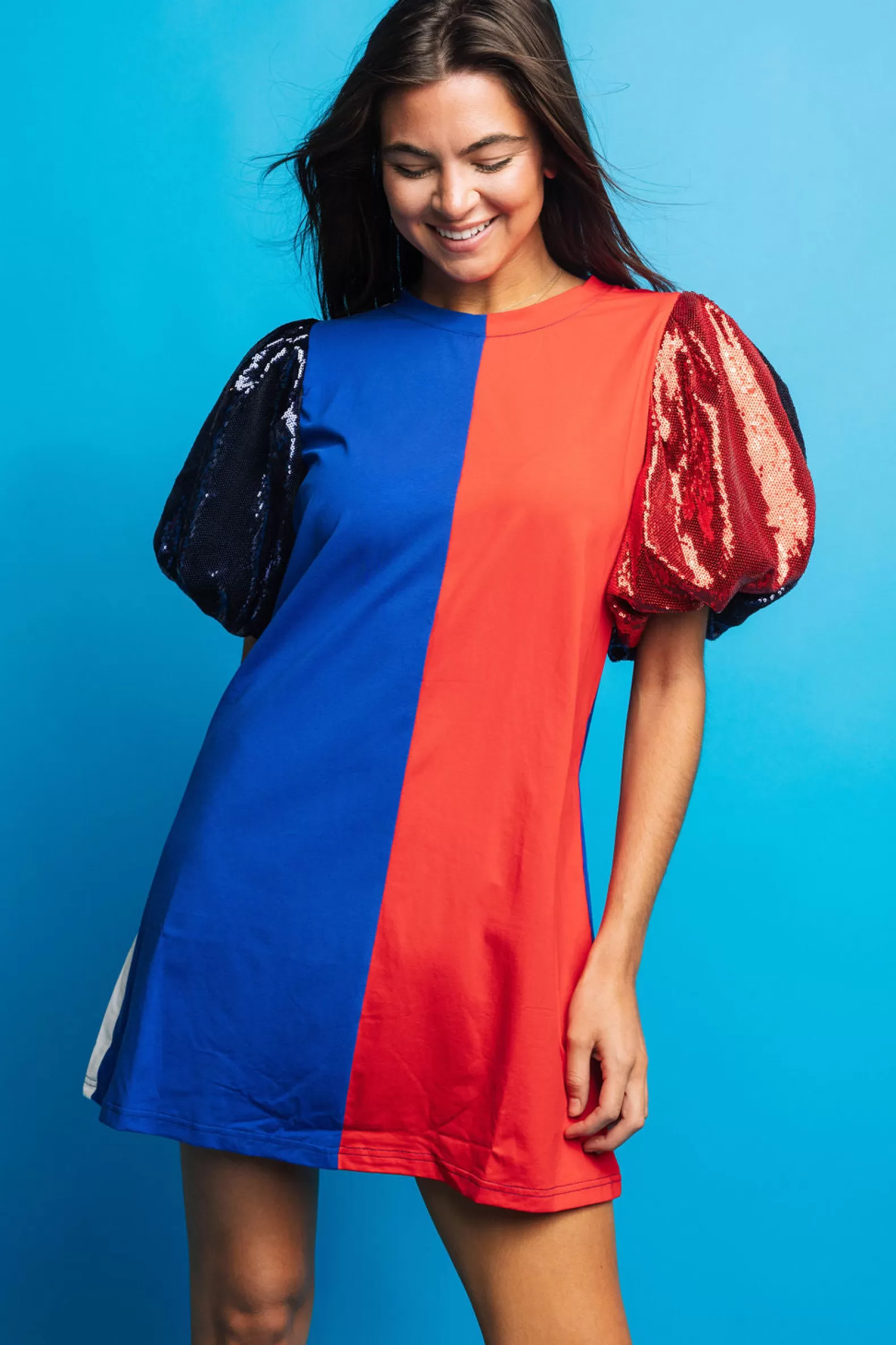 Queen of Sparkles Dresses<Royal Blue, Red & White Colorblock Sequin Sleeve Dress Royal/Red