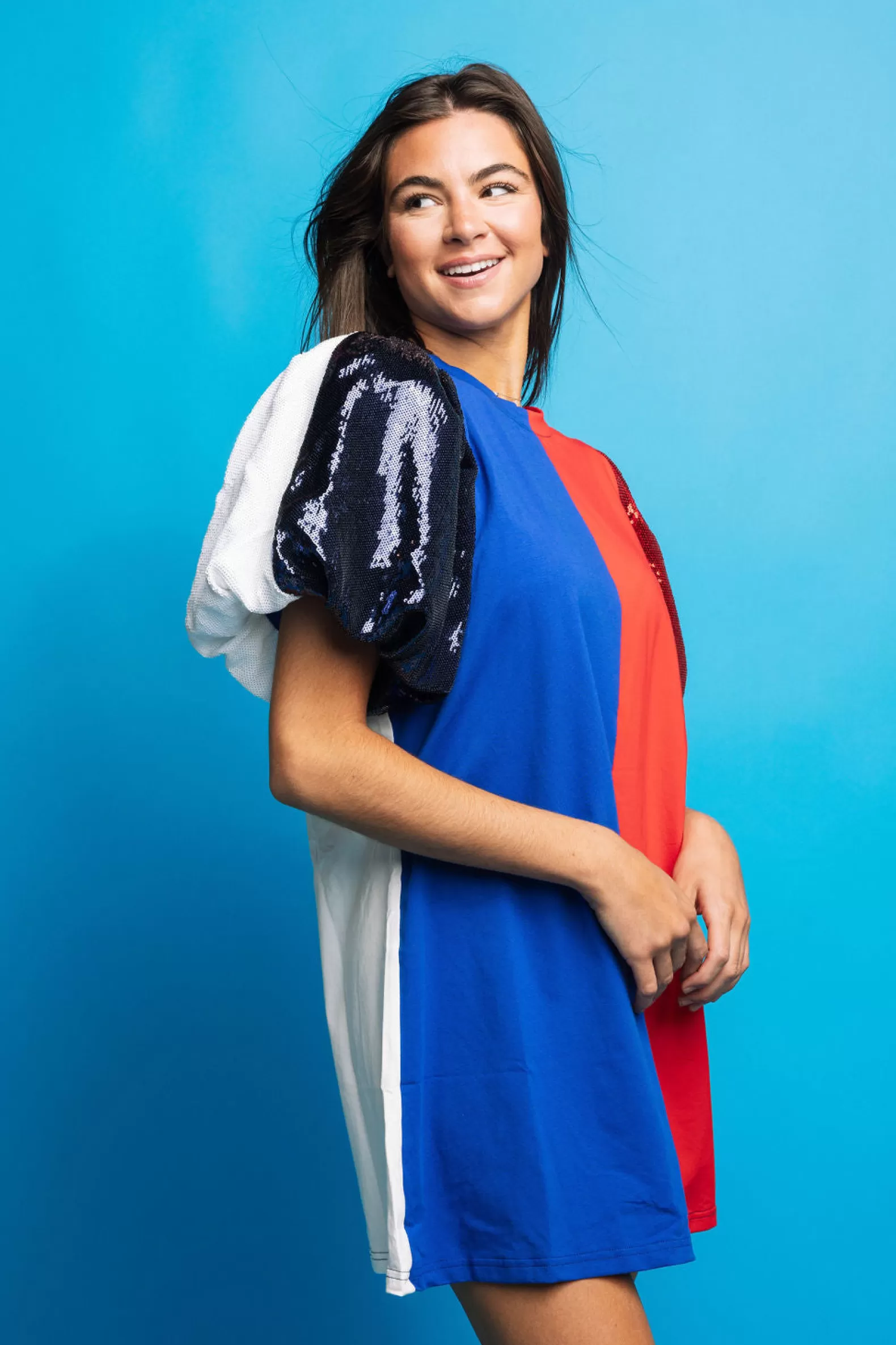 Queen of Sparkles Dresses<Royal Blue, Red & White Colorblock Sequin Sleeve Dress Royal/Red