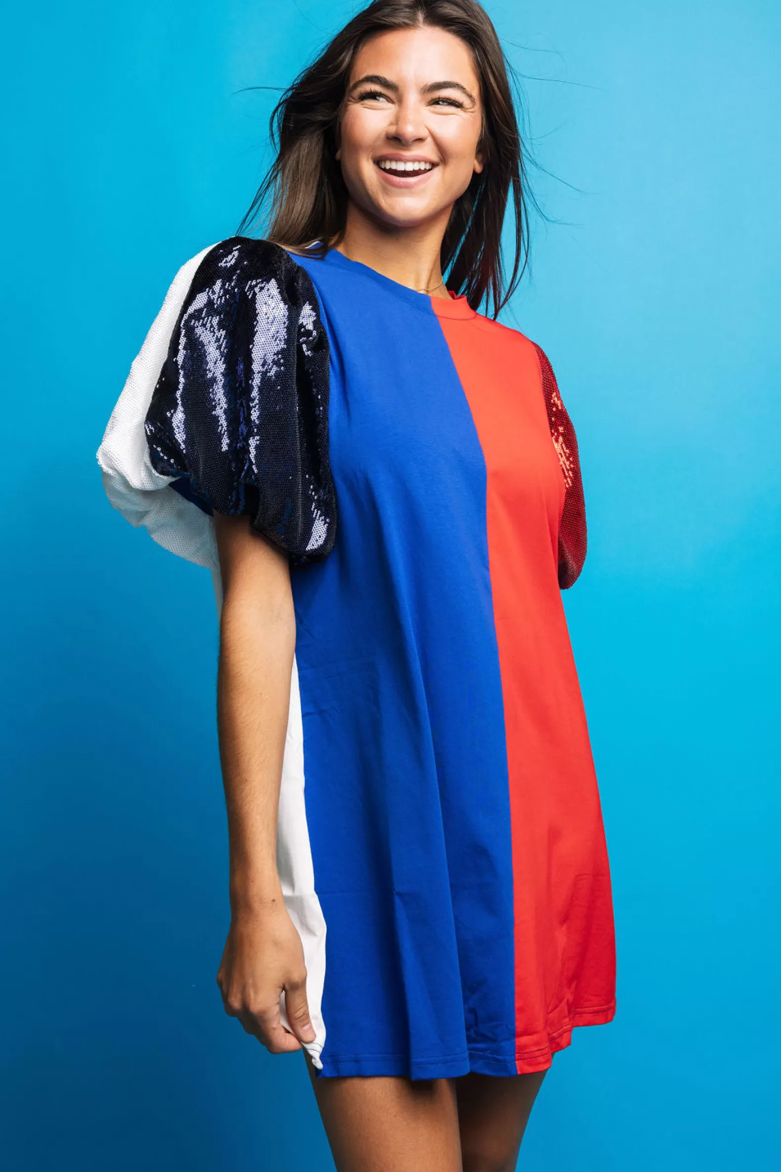 Queen of Sparkles Dresses<Royal Blue, Red & White Colorblock Sequin Sleeve Dress Royal/Red