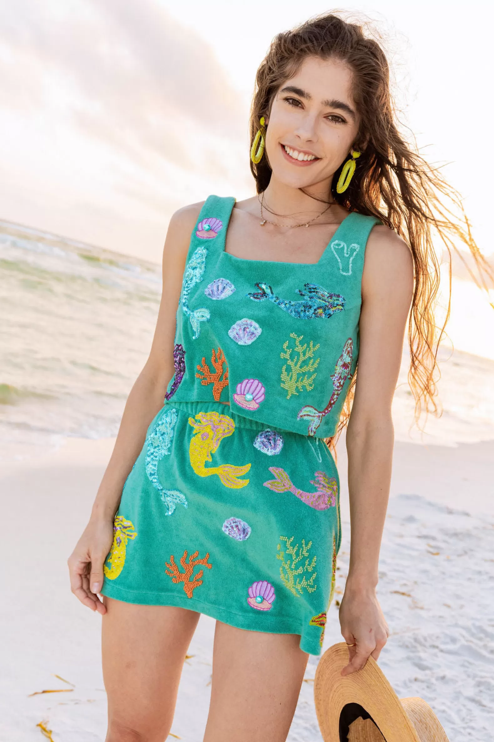 Queen of Sparkles Tops | Sets<Mermaid, Coral & Shell Terry Cloth Tank Teal