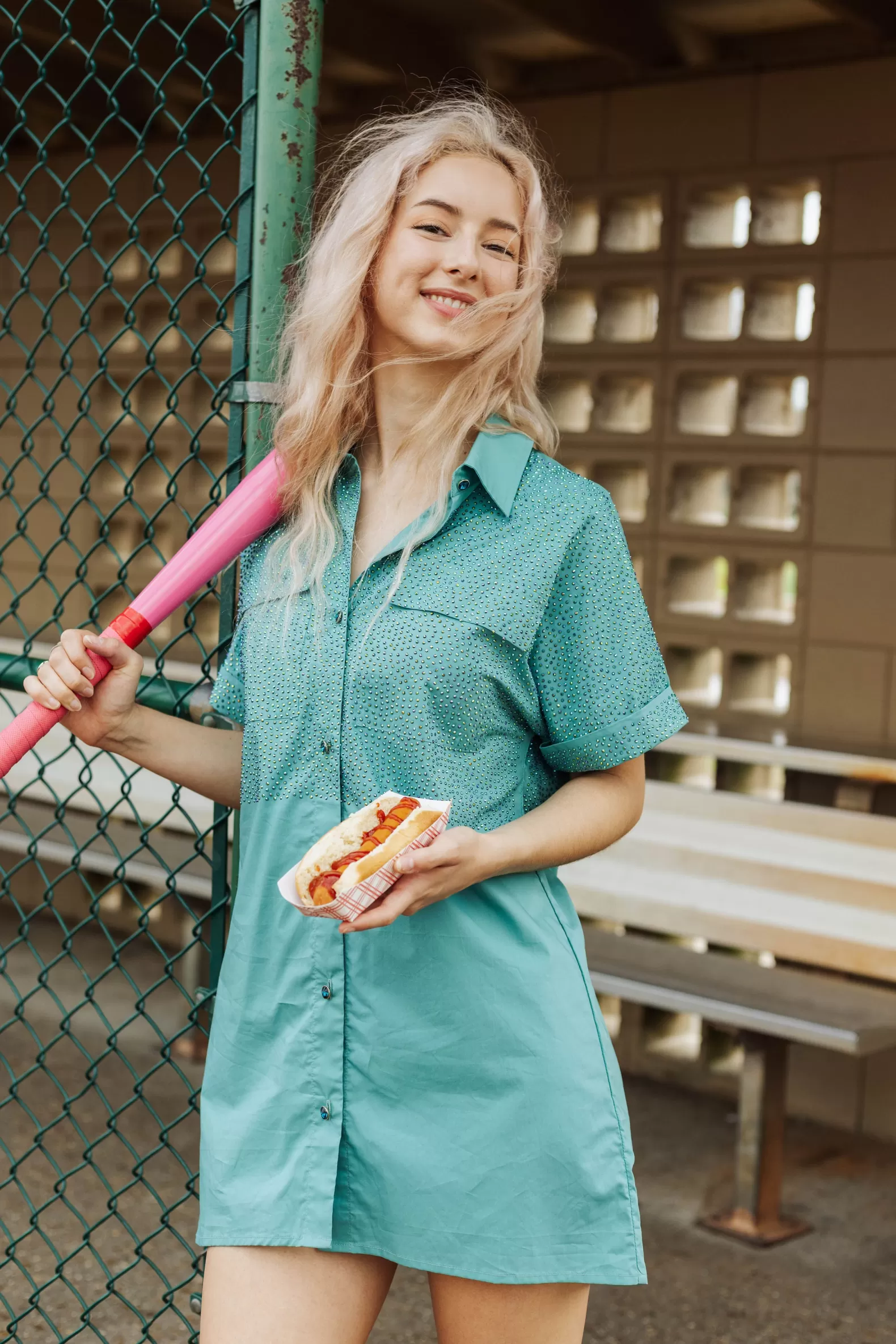 Queen of Sparkles Activewear | Dresses<Rhinestone Top Button Down Dress Teal