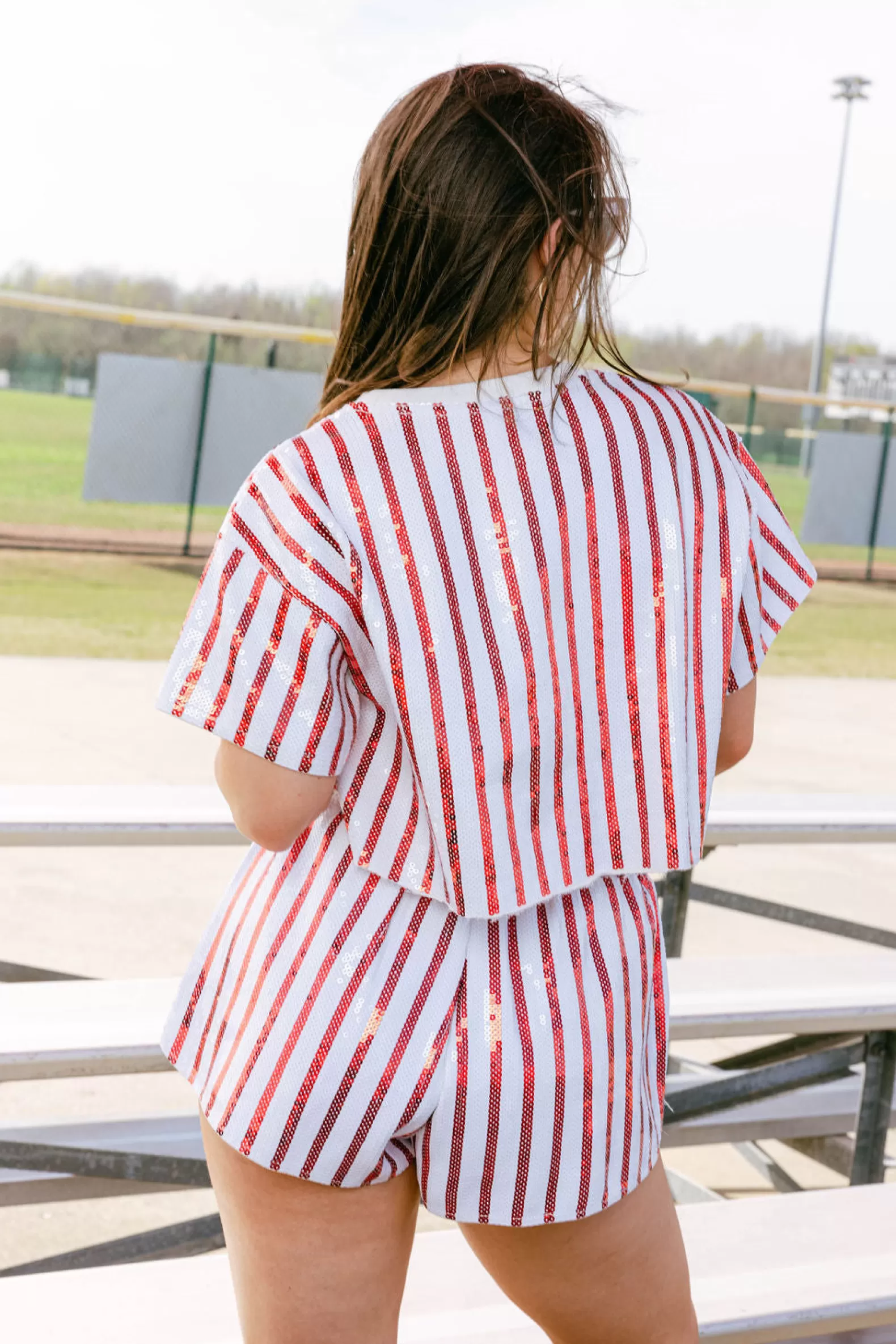 Queen of Sparkles Tops | Sets<& Red Full Sequin Short Sleeve Popcorn Top WHITE