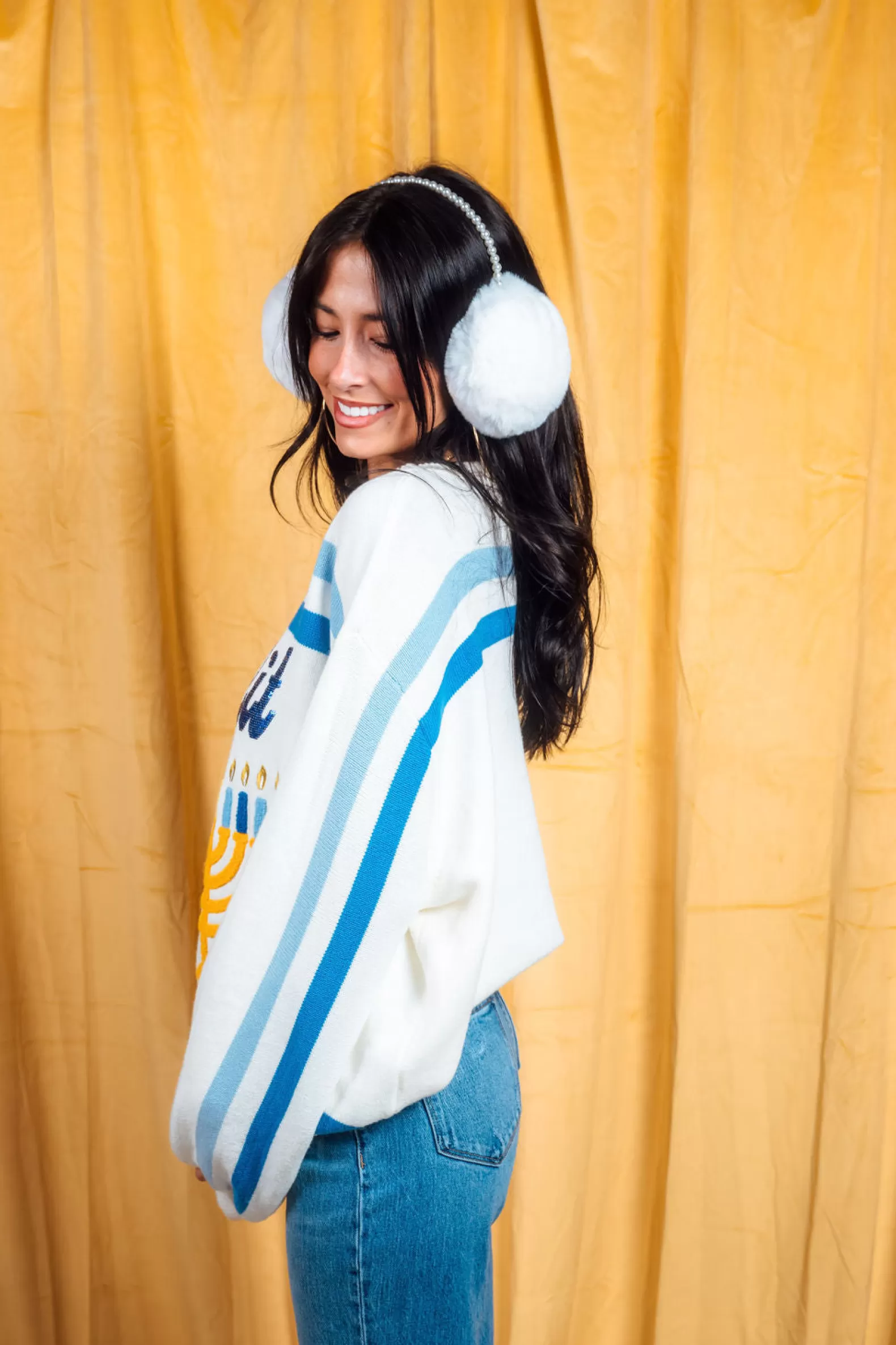 Queen of Sparkles Sweaters<& Royal 'Get Lit' Menorah Stripe Long Sleeve Sweater White