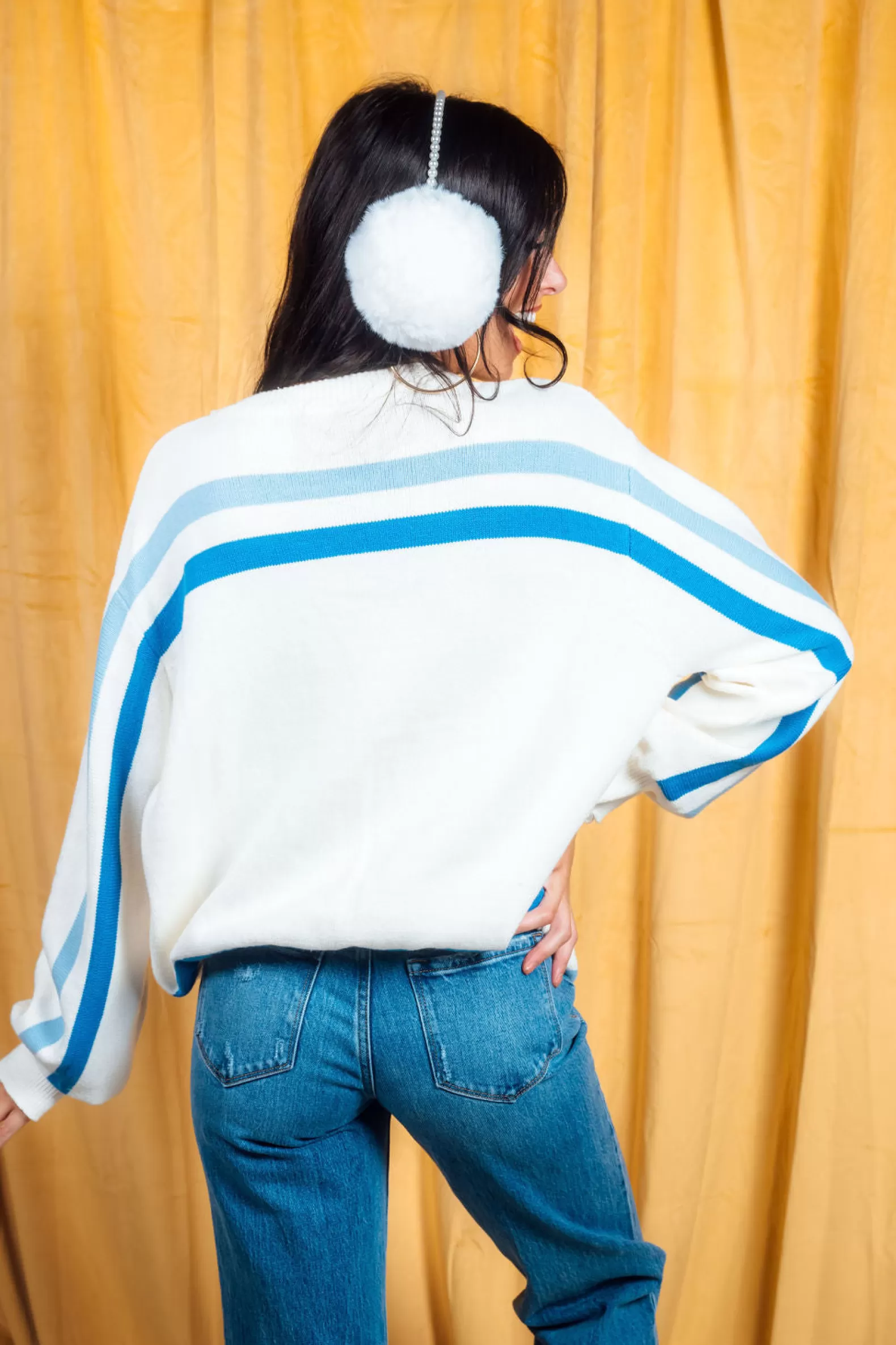 Queen of Sparkles Sweaters<& Royal 'Get Lit' Menorah Stripe Long Sleeve Sweater White
