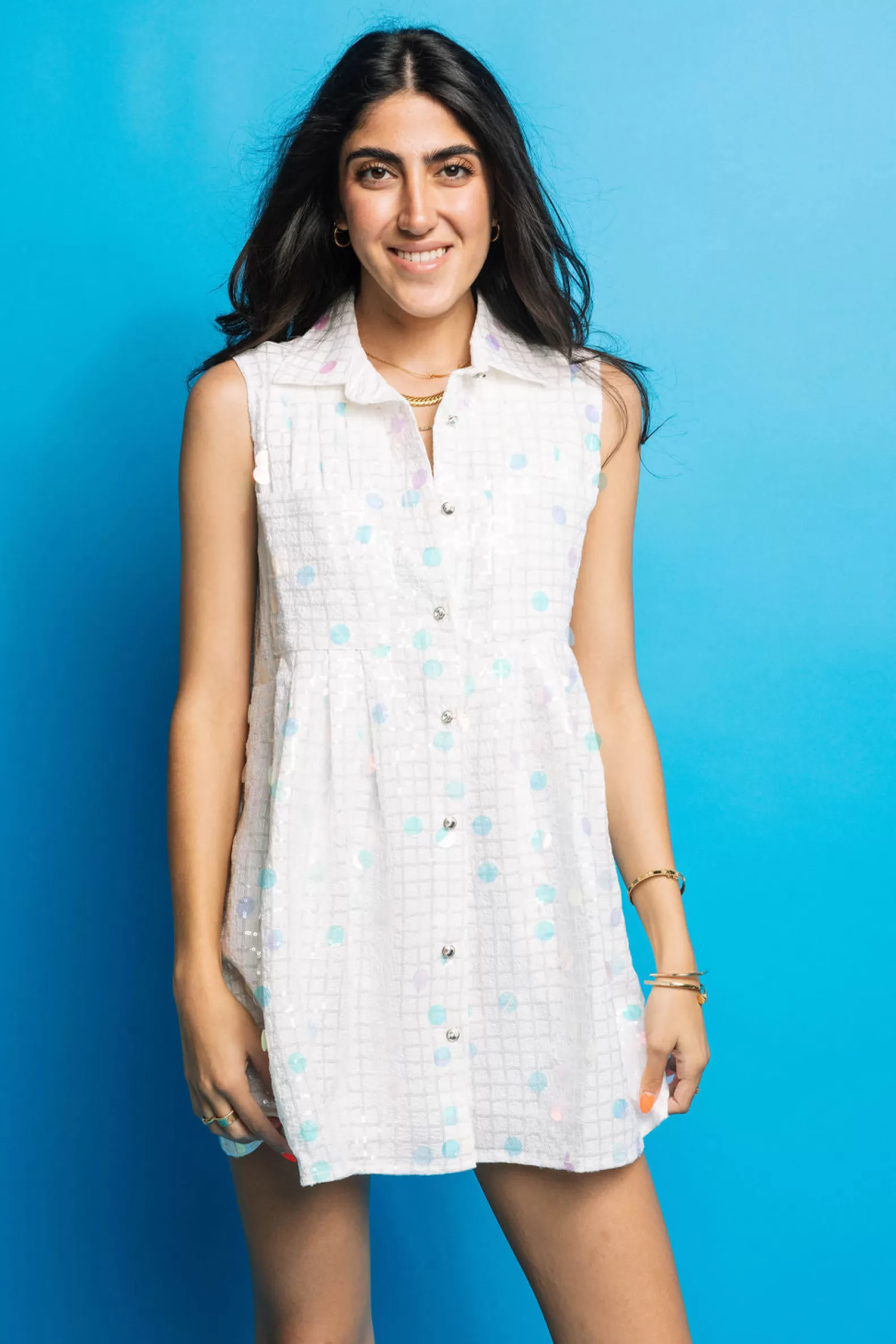 Queen of Sparkles Dresses<Checker Pailette Collar Dress White