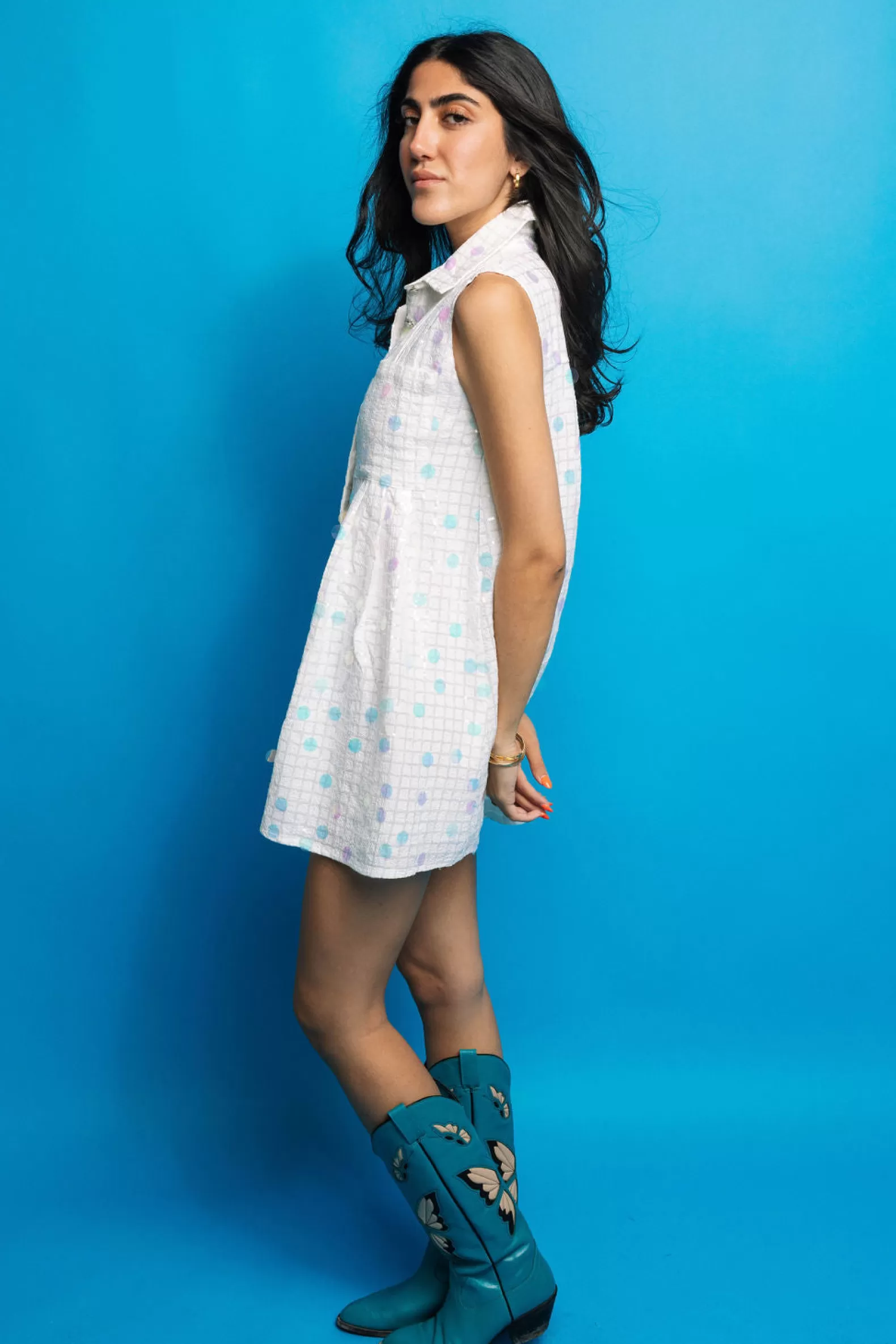Queen of Sparkles Dresses<Checker Pailette Collar Dress White