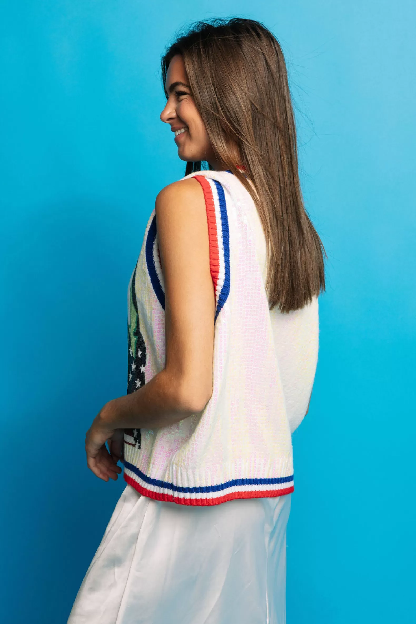 Queen of Sparkles Sweaters | Our Favorites<Full Sequin Statue of Liberty Button Up Sweater Vest White