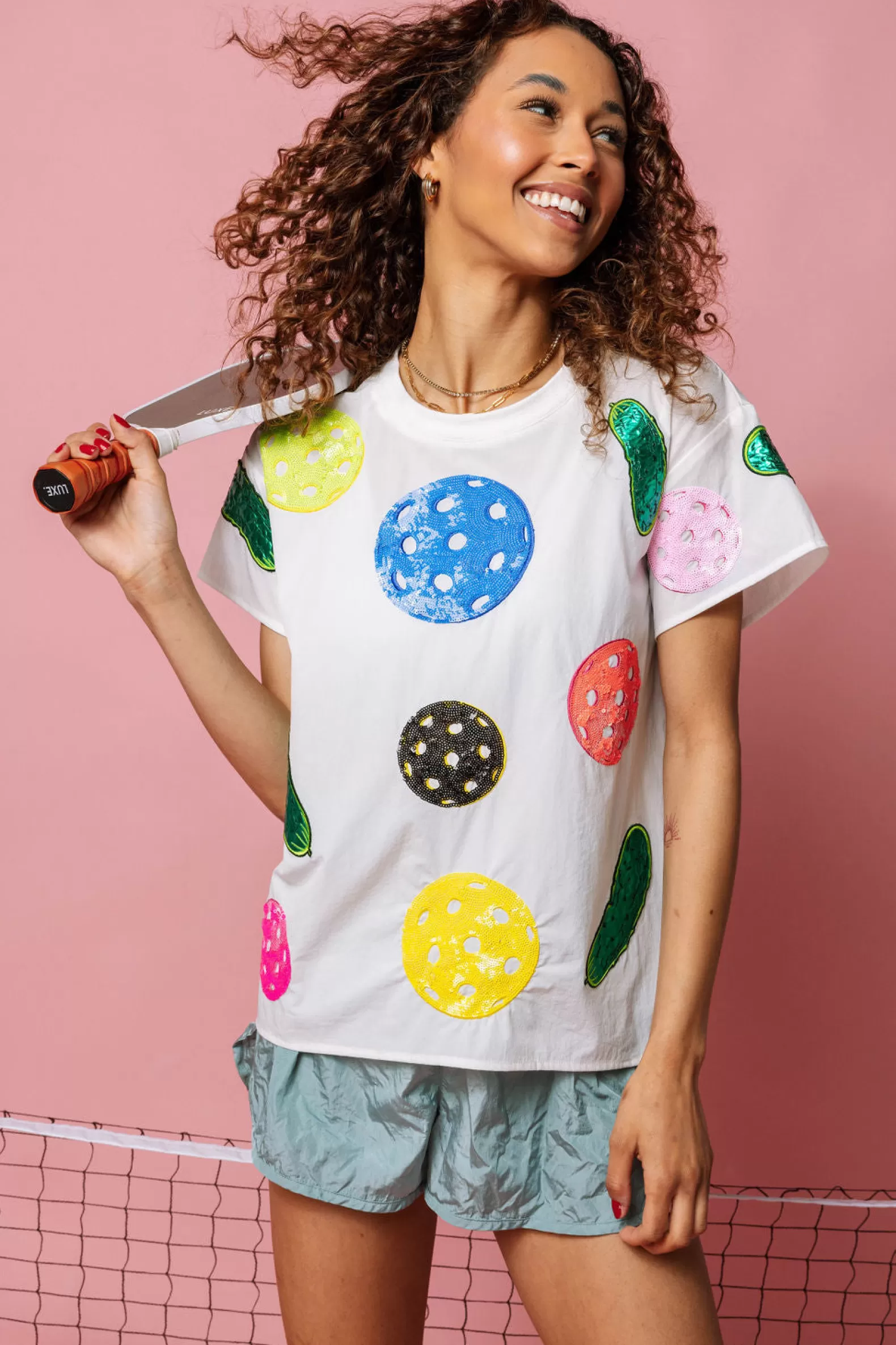 Queen of Sparkles Activewear | Tees<Multi Pickle Ball Active Tee White