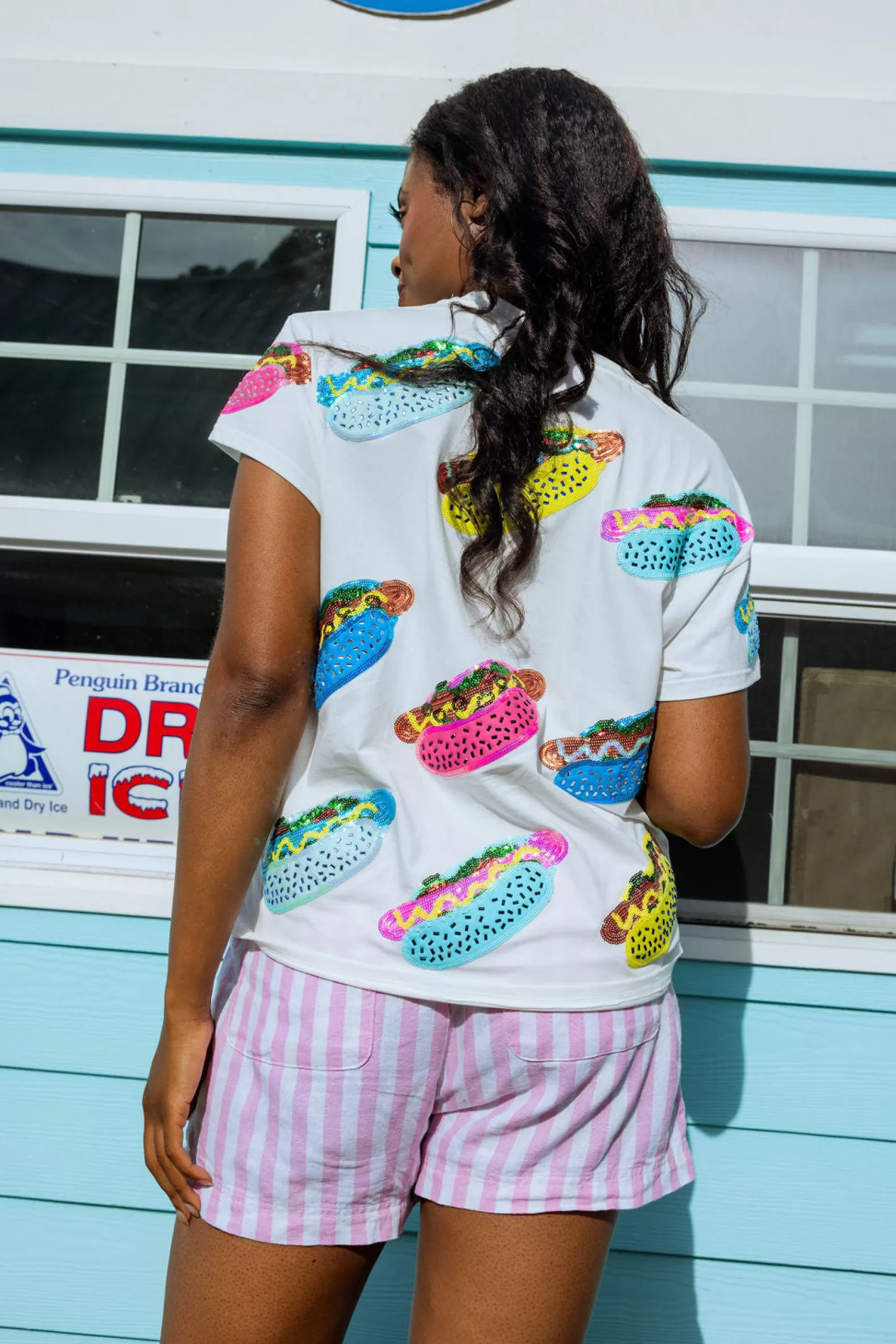 Queen of Sparkles Tees | Our Favorites<Scattered Multi Color Hot Dog Tee White