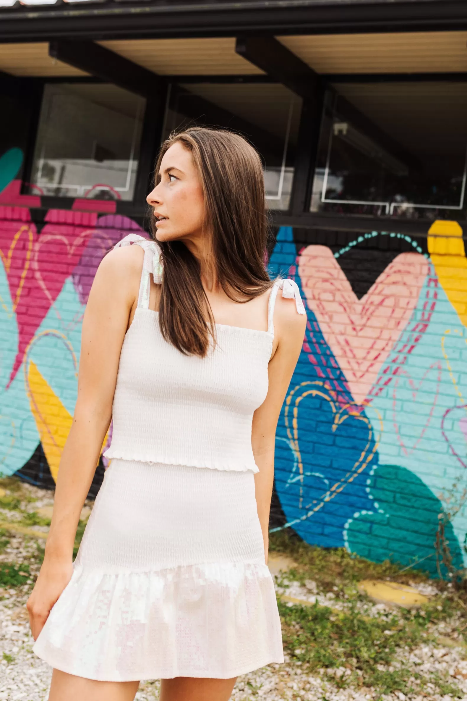 Queen of Sparkles Tops<White Smocked Sequin Tie Tank